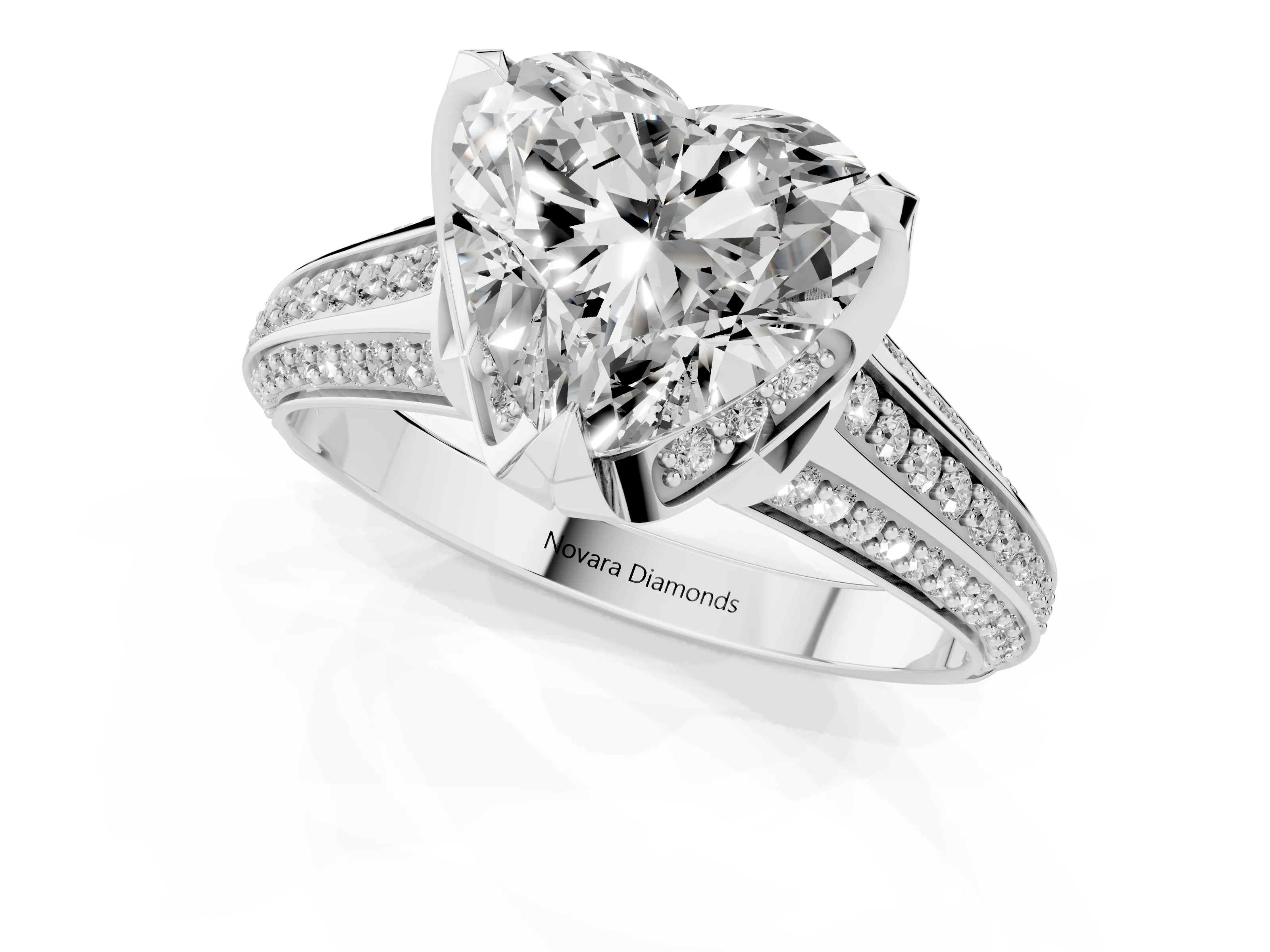 Heart Cut Diamond Pavé Split Shank Solitaire Ring Set in Platinum with Prong Setting