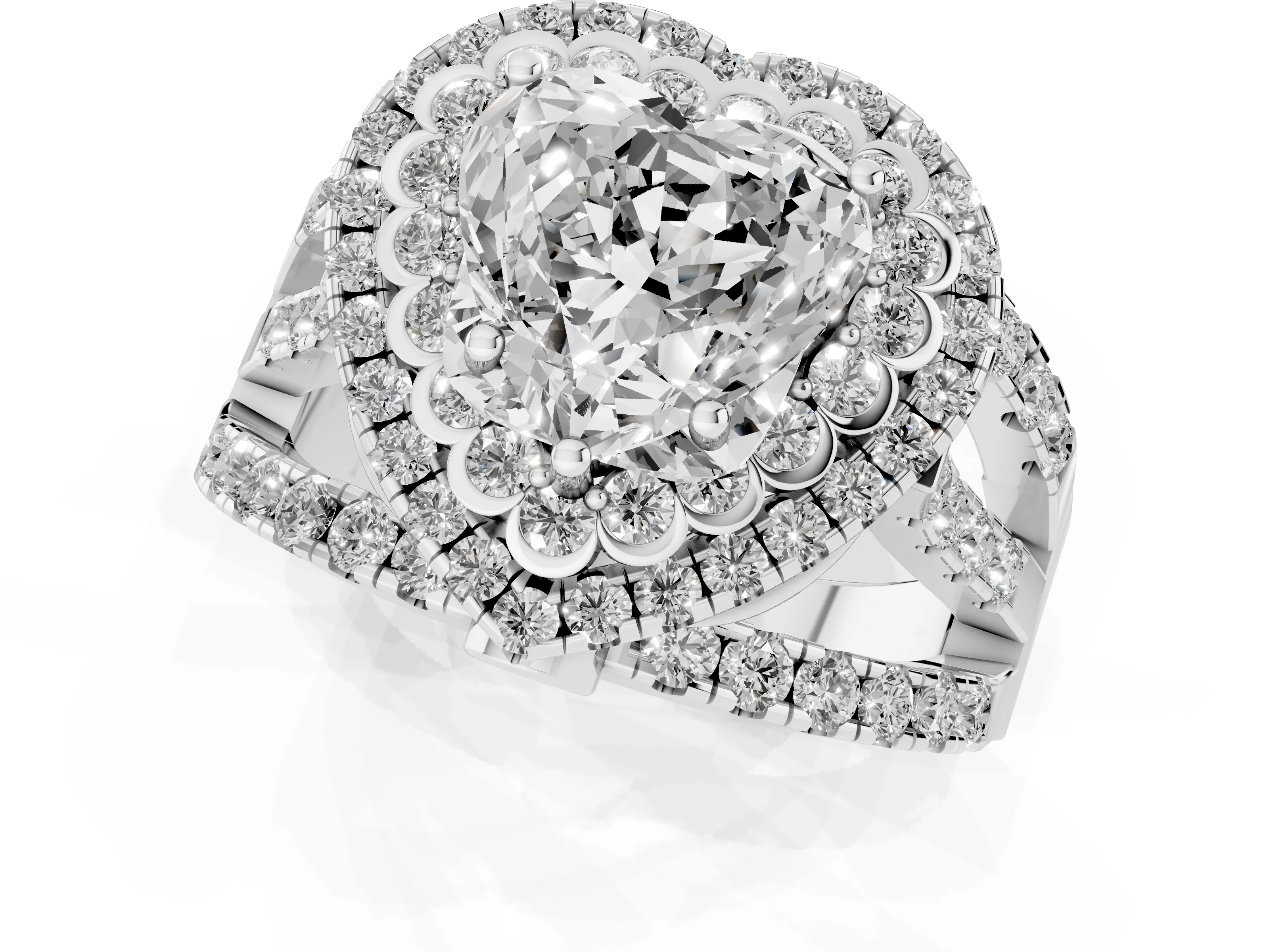 Heart Cut Diamond Double Halo Ring Set in Silver with Round Pavé Split Shank
