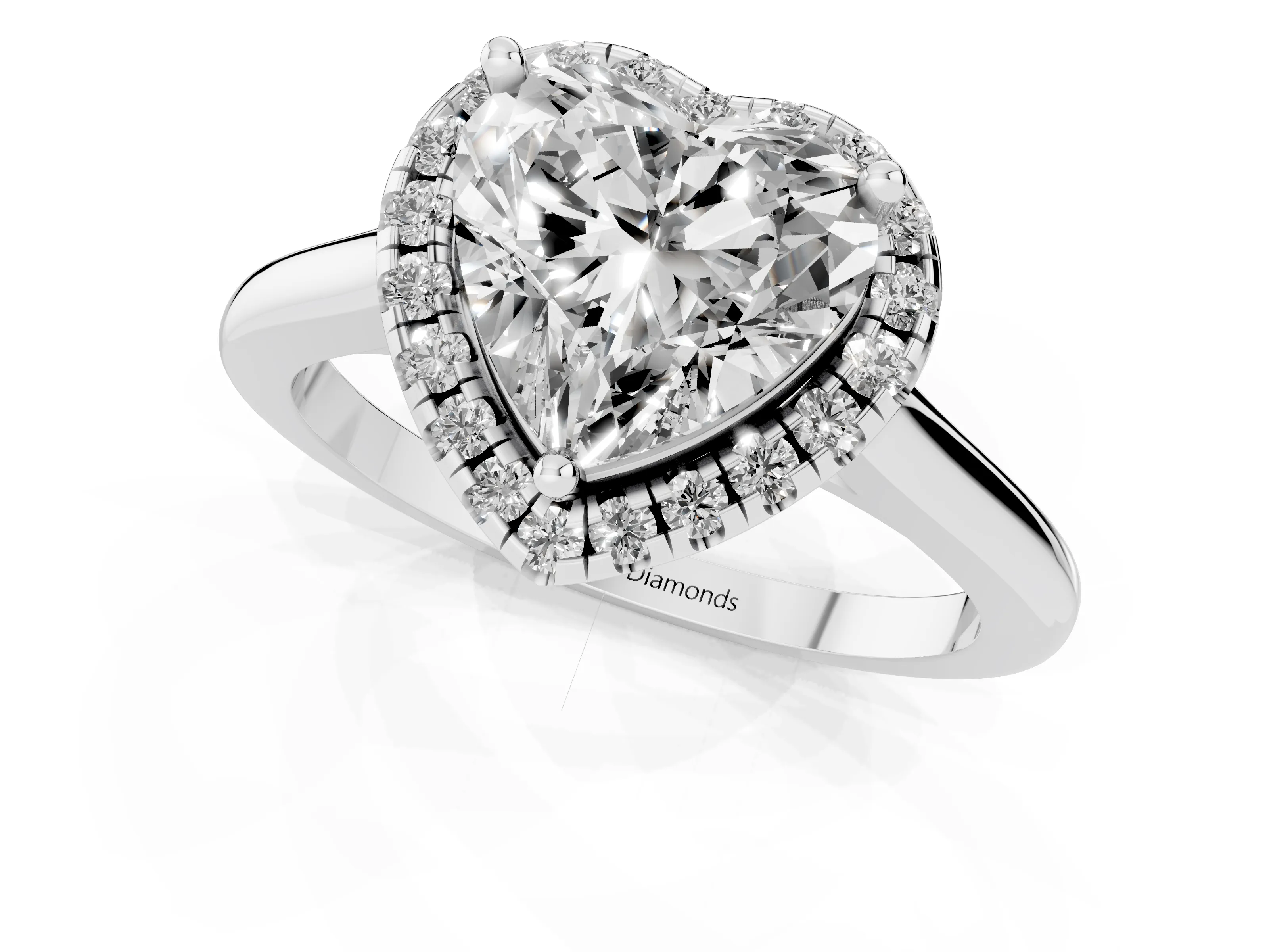 Heart Cut Diamond Halo Engagement Ring Set in Silver with Pavé Band and Rising Shoulders