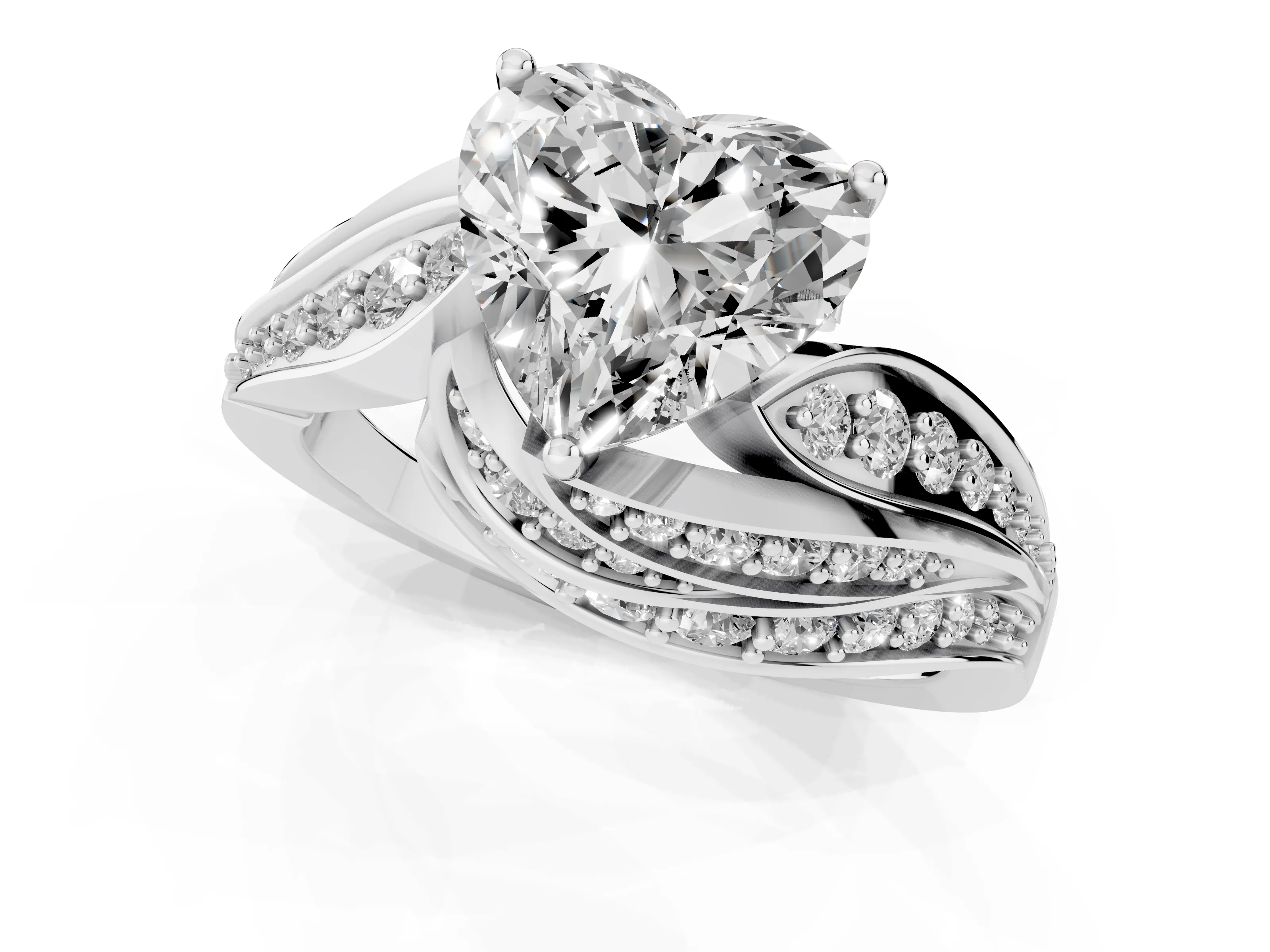 Heart Cut Diamond Solitaire Ring Set in Silver with Layered Twist Pavé Band