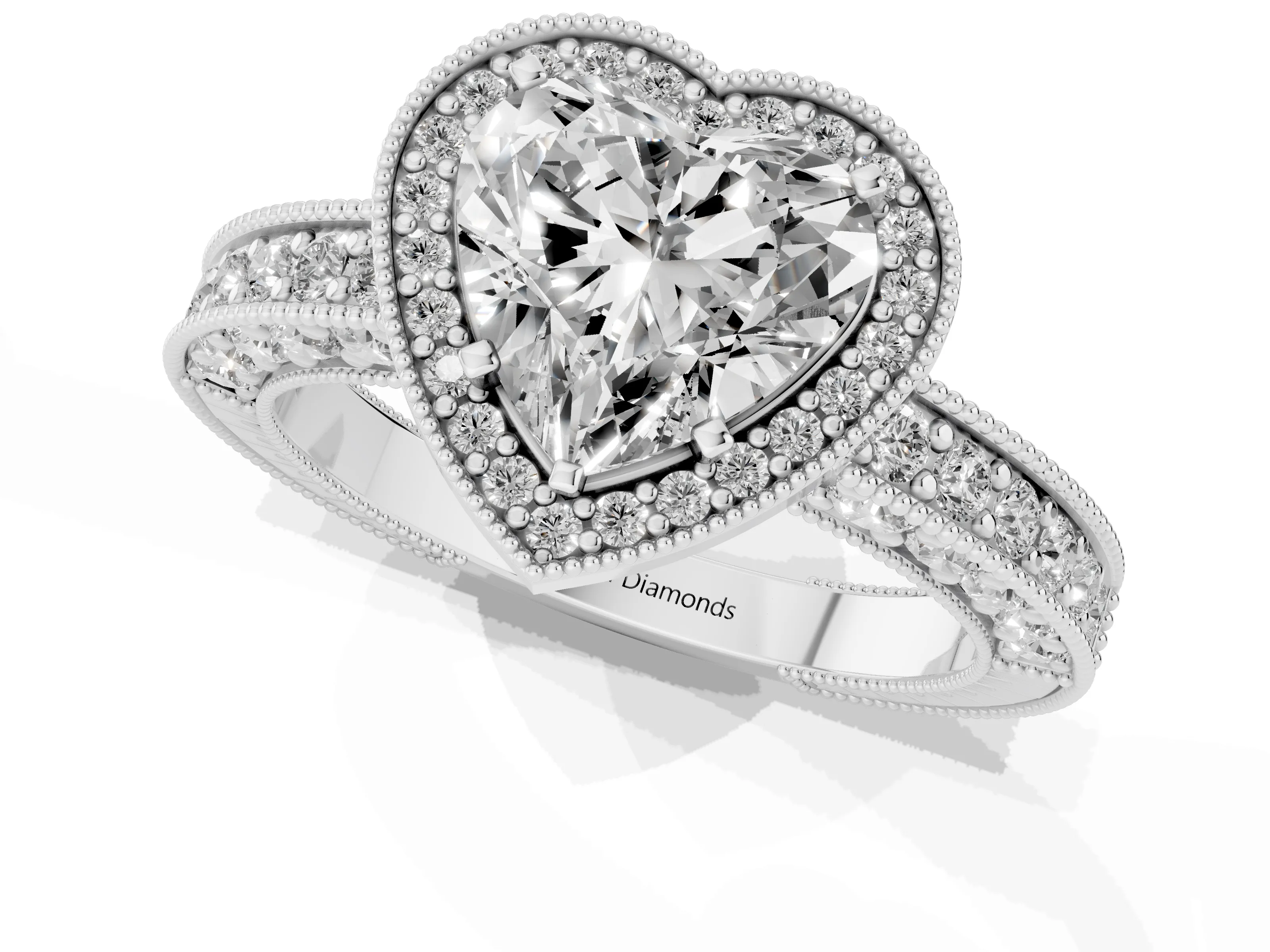 Heart Cut Diamond Halo Pavé Band Ring Set in Platinum with Prong-Set Center