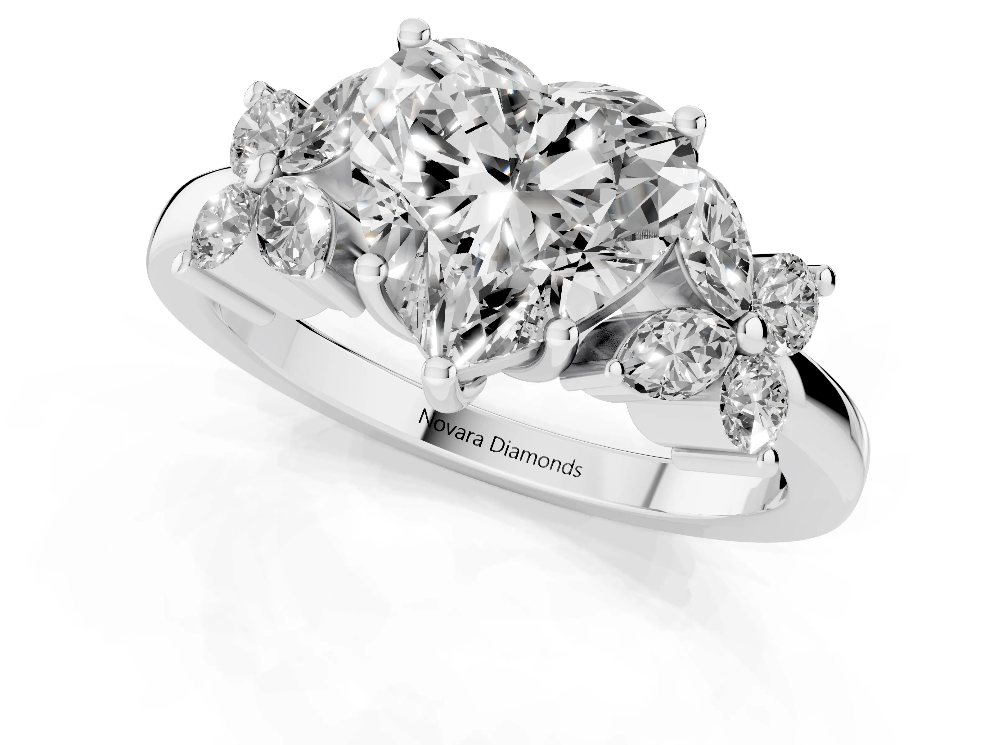 Heart Cut Diamond Floral Cluster Ring Set in Platinum with Marquise Petals and Prong Setting