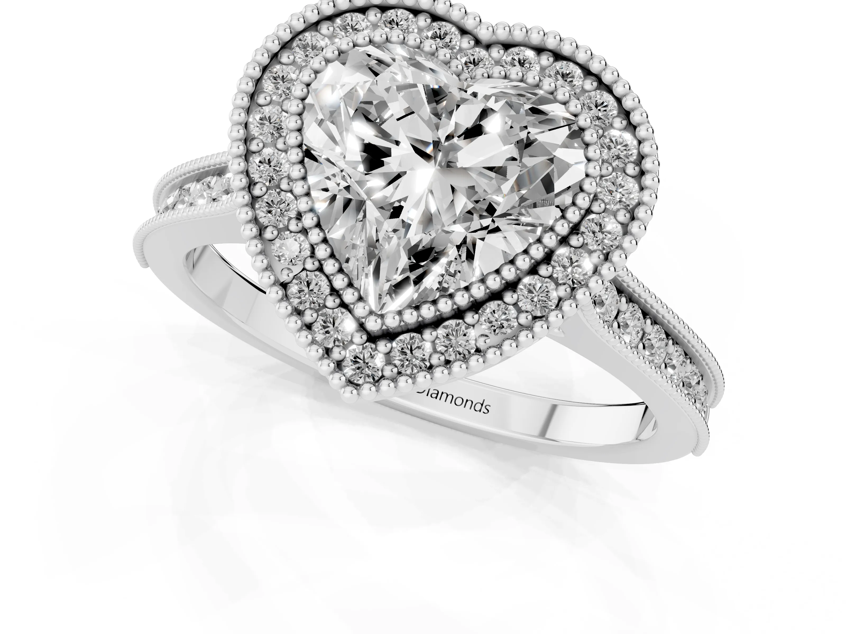 Heart Cut Diamond Halo Milgrain Pavé Band Ring Set in White gold with Prong Setting