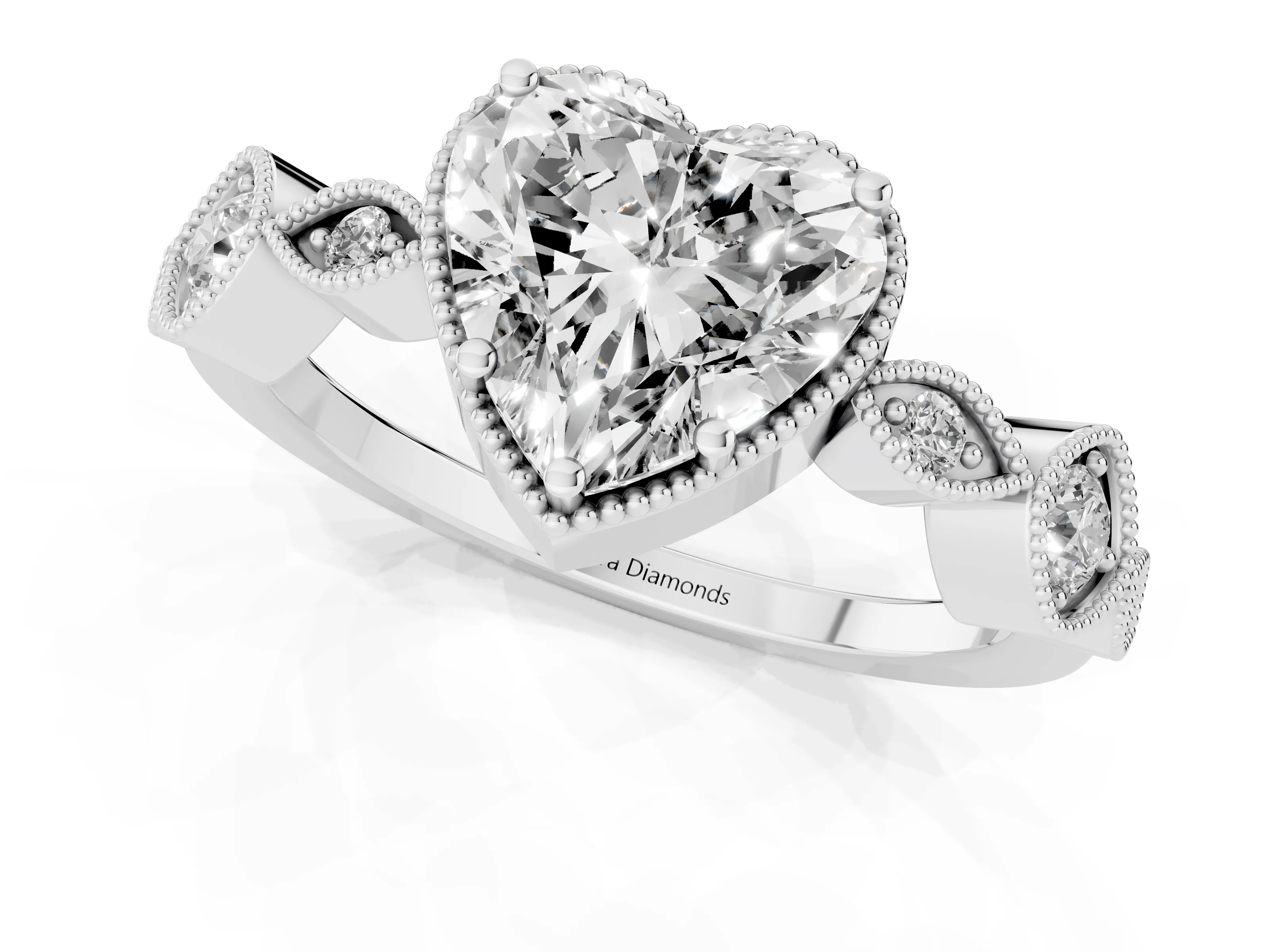 Heart Cut Diamond Vintage-Inspired Milgrain Ring Set in White gold with Marquise Stations of Round Accents