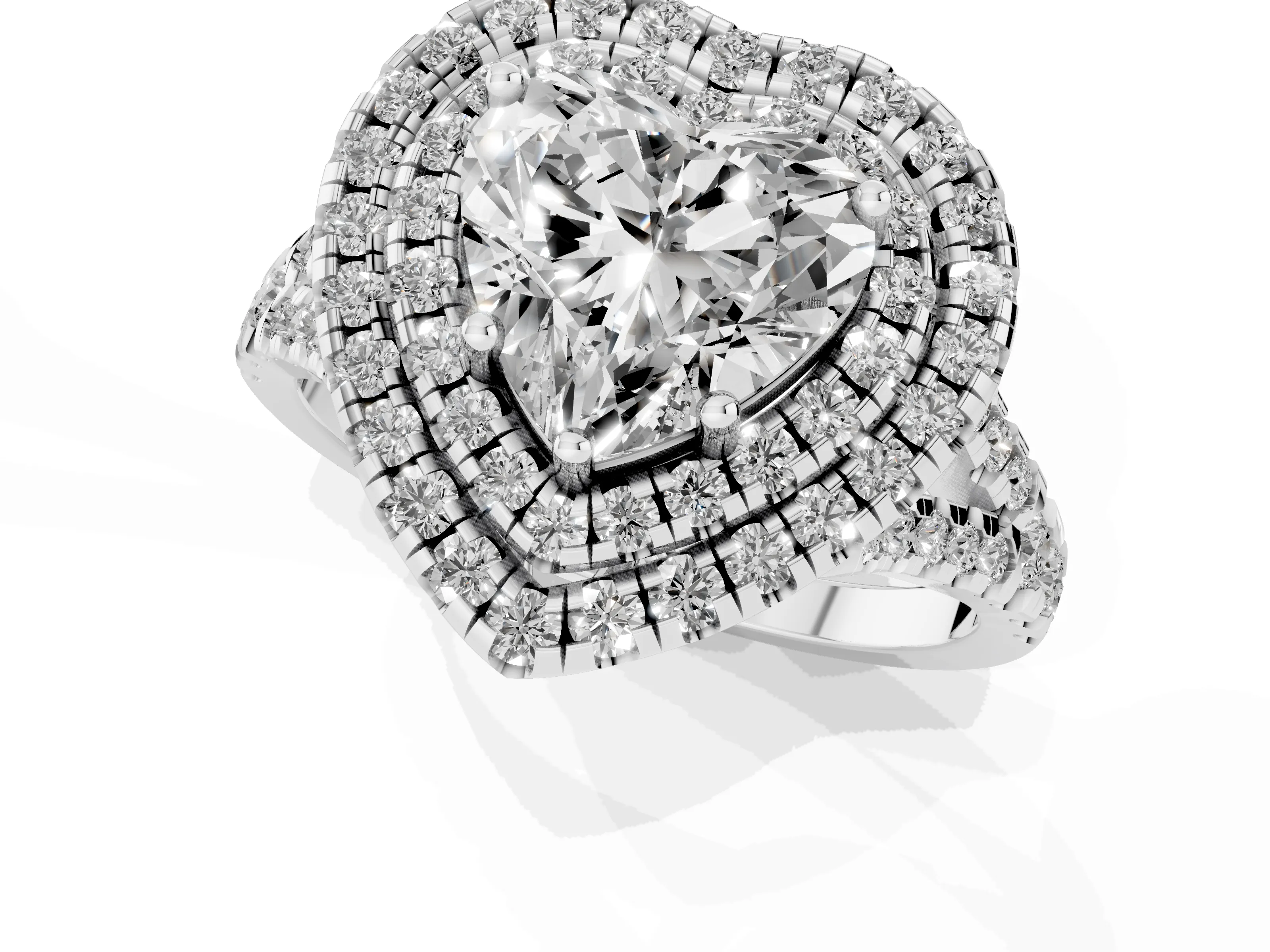 Heart Cut Diamond Double Halo Ring Set in Silver with Pavé Split Shank and Prong Setting