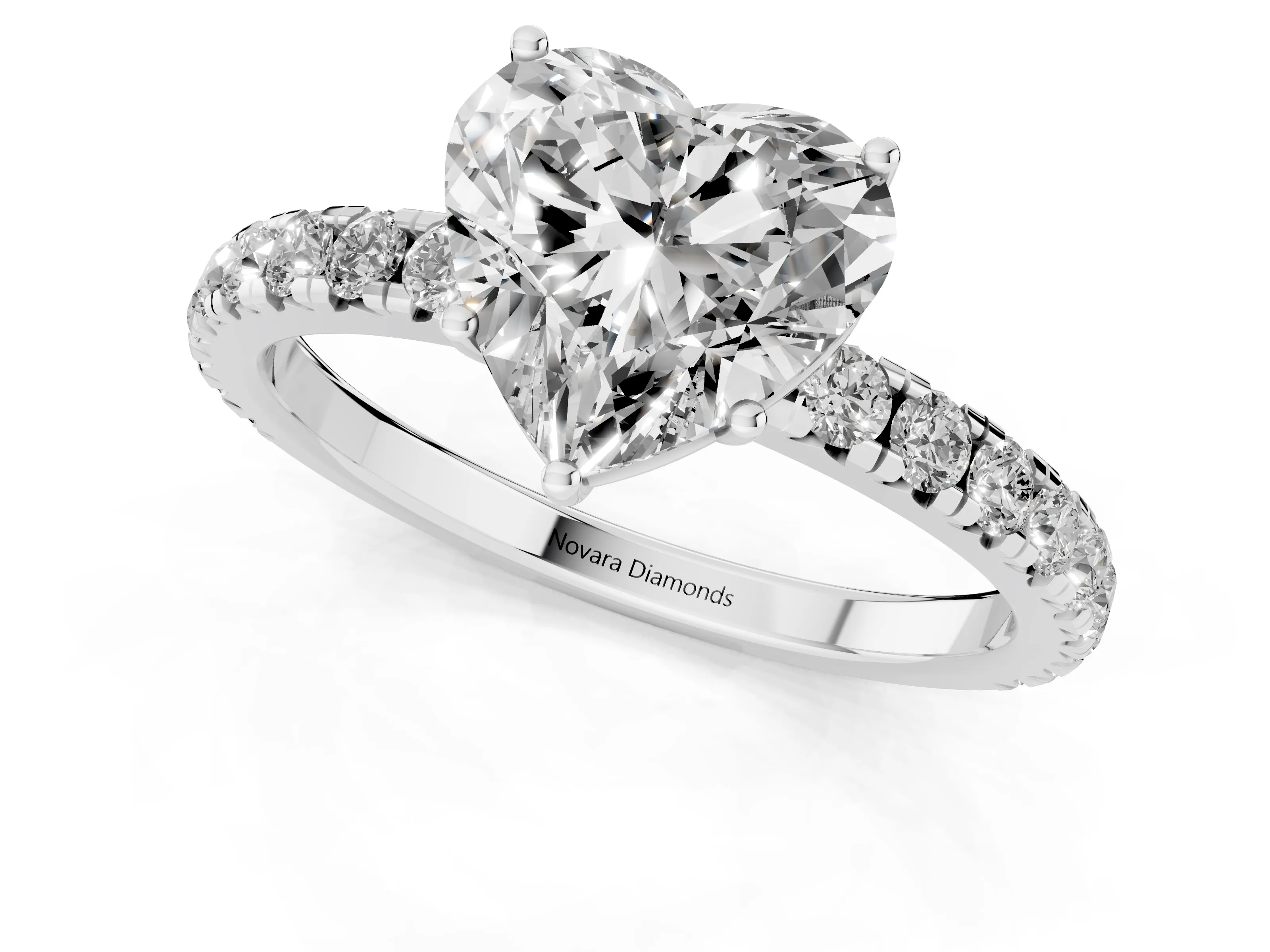 Heart Cut Diamond Pavé Solitaire Engagement Ring Set in Silver with Prong Setting