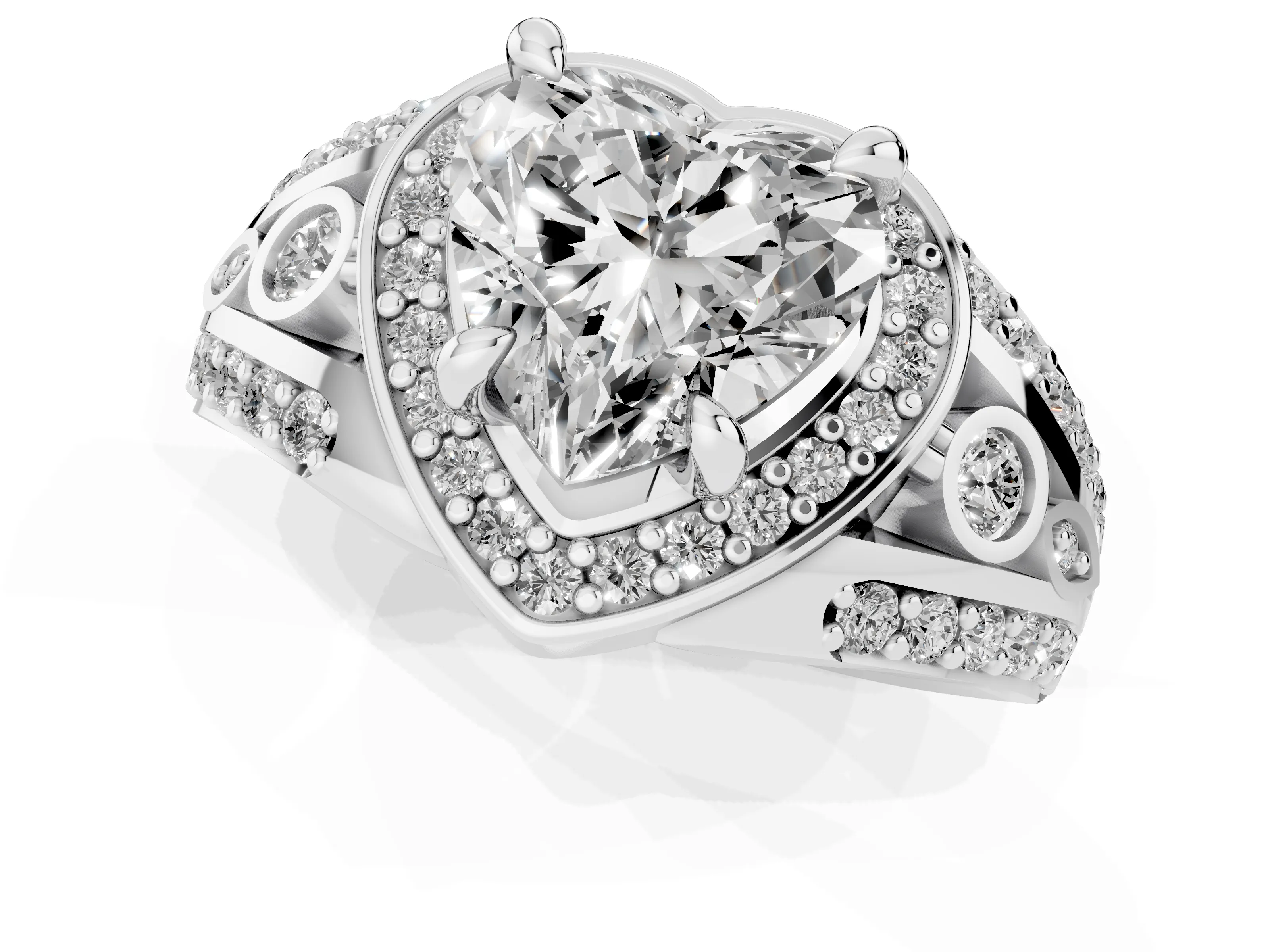 Heart Cut Diamond Halo Ring Set in Platinum with Pavé Split Shank and Bezel Accents