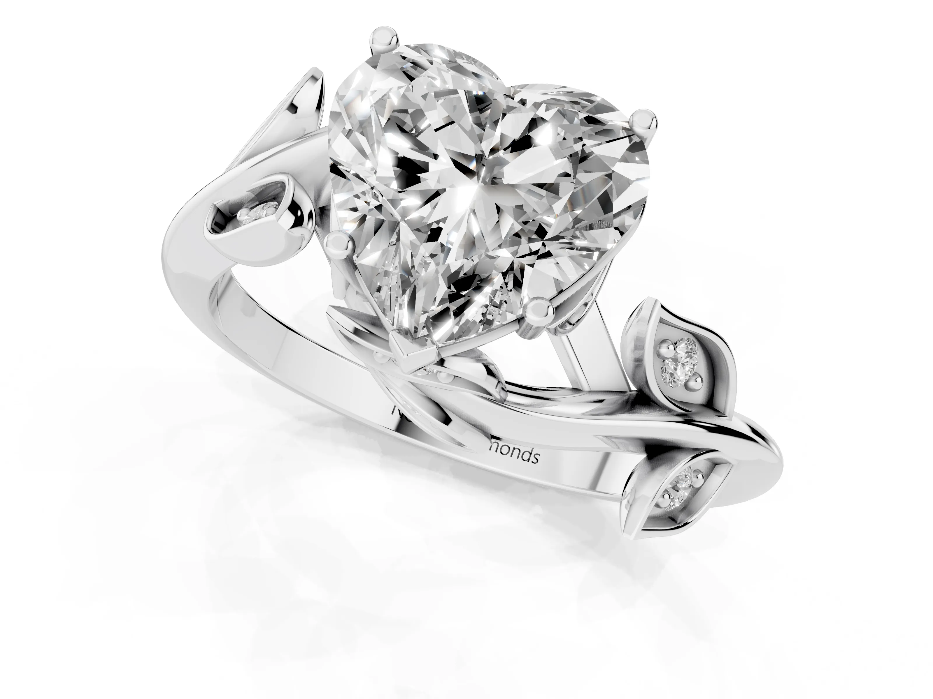 Heart Cut Diamond Solitaire Twist Engagement Ring Set in Silver with Pavé Leaf Accents
