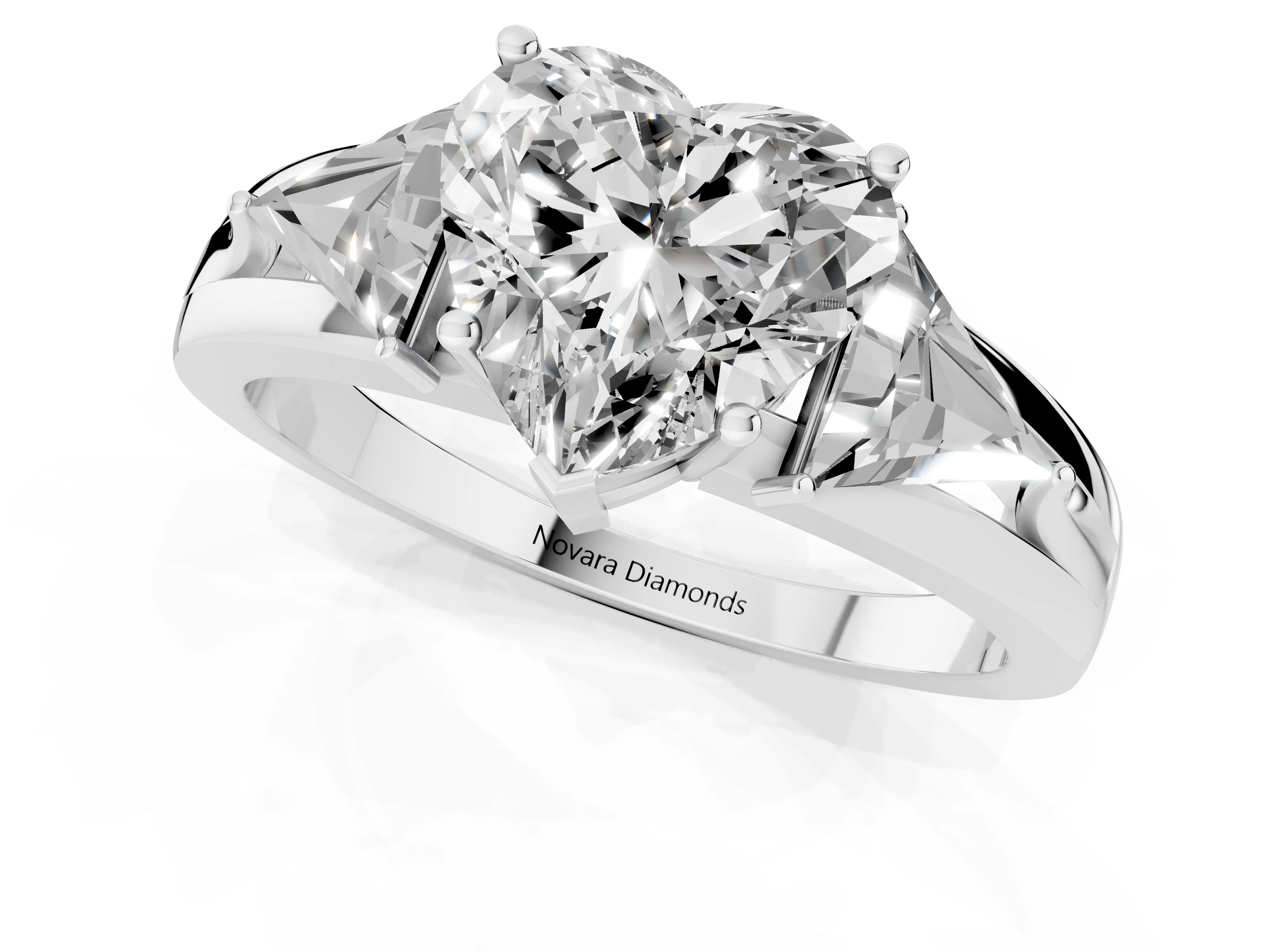 Heart Cut Diamond Three-Stone Ring Set in White gold with Trillion Side Stones and Split Shank