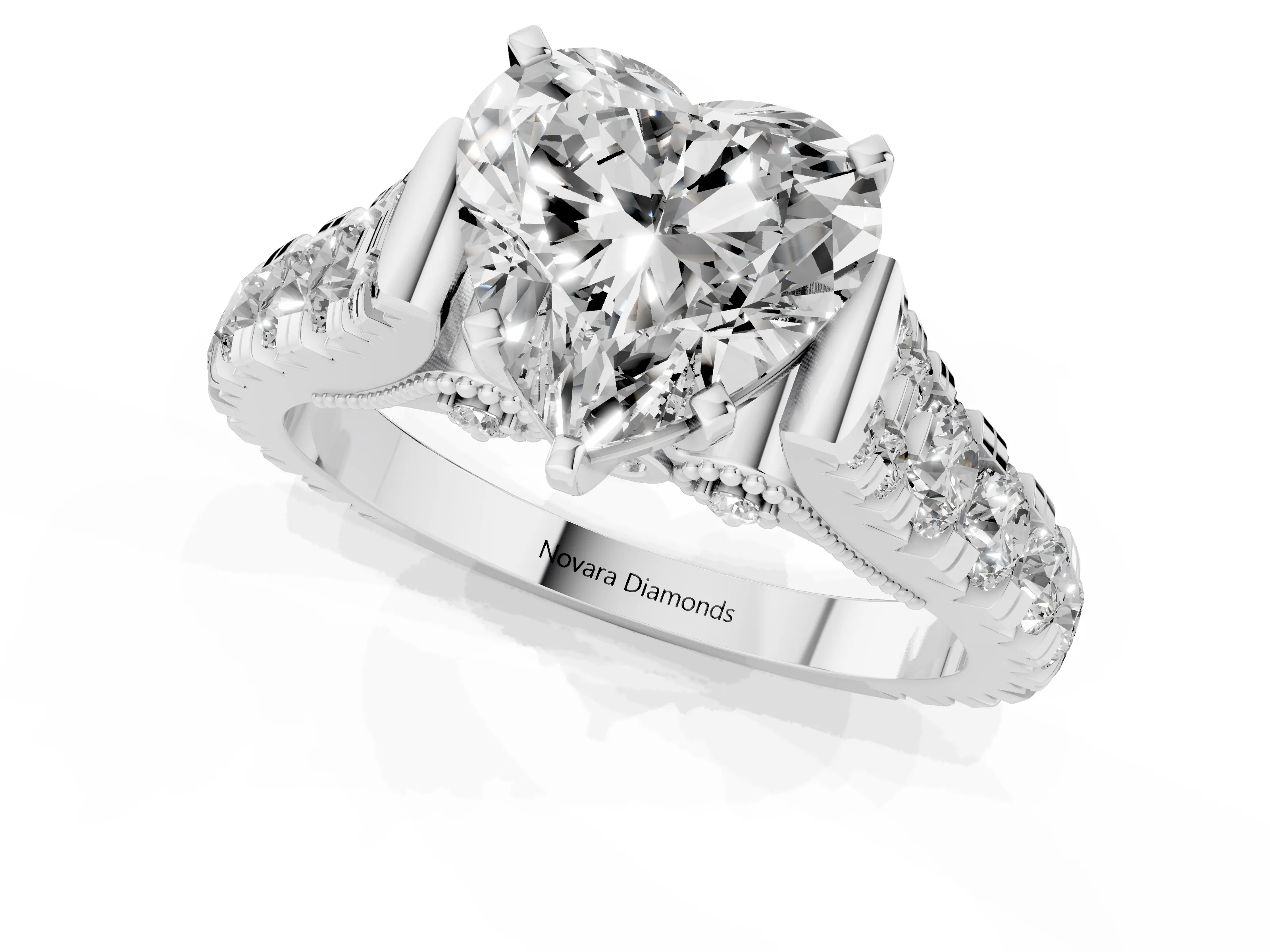 Heart Cut Diamond Classic Solitaire Ring Set in White gold with Pavé Band and Prong Setting