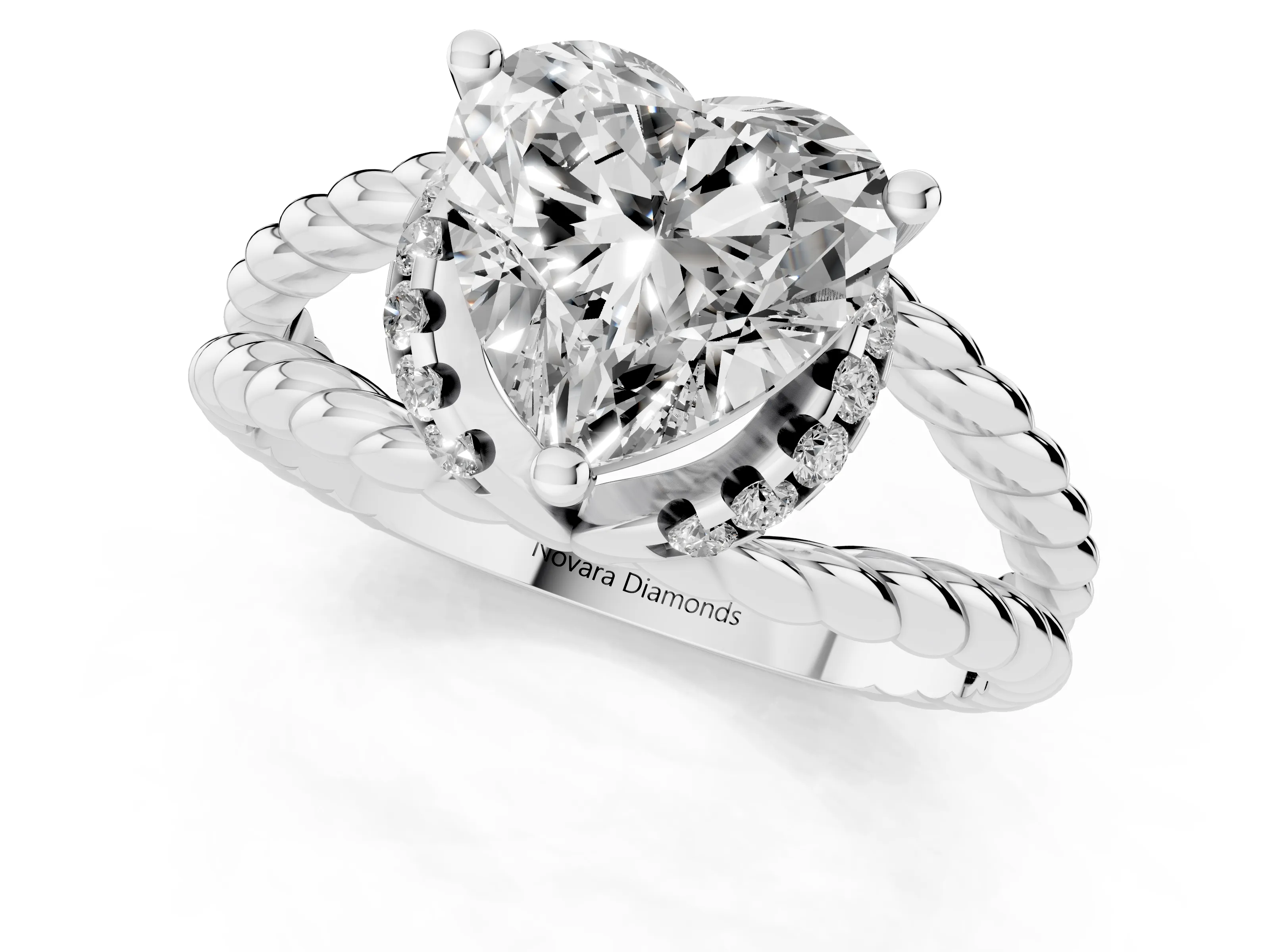 Heart Cut Diamond Halo Ring Set in White gold with Twisted Band and Prong Setting