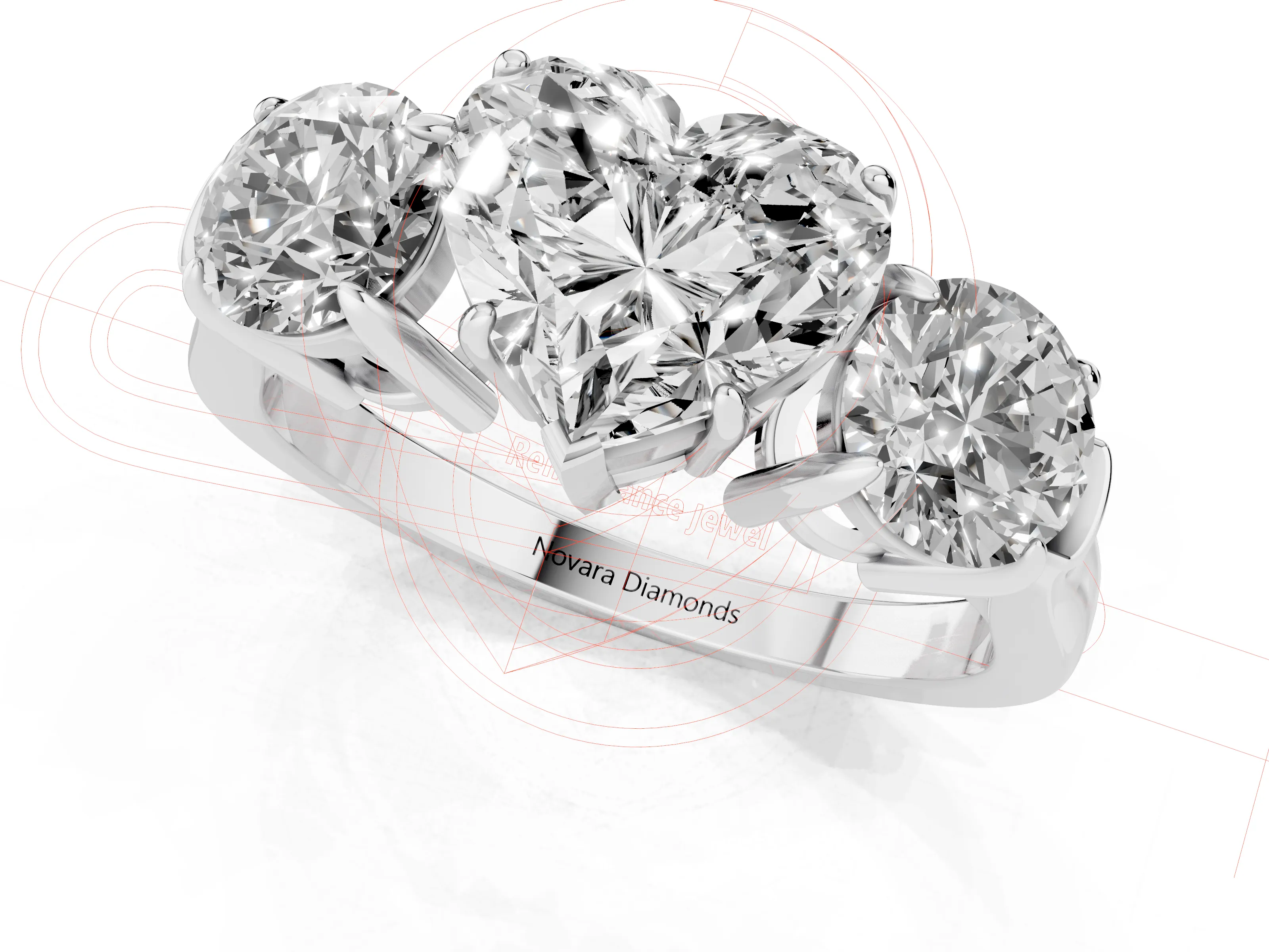Heart Cut Diamond Three-Stone Ring Set in Platinum with Round Accent Stones and Plain Band – second view