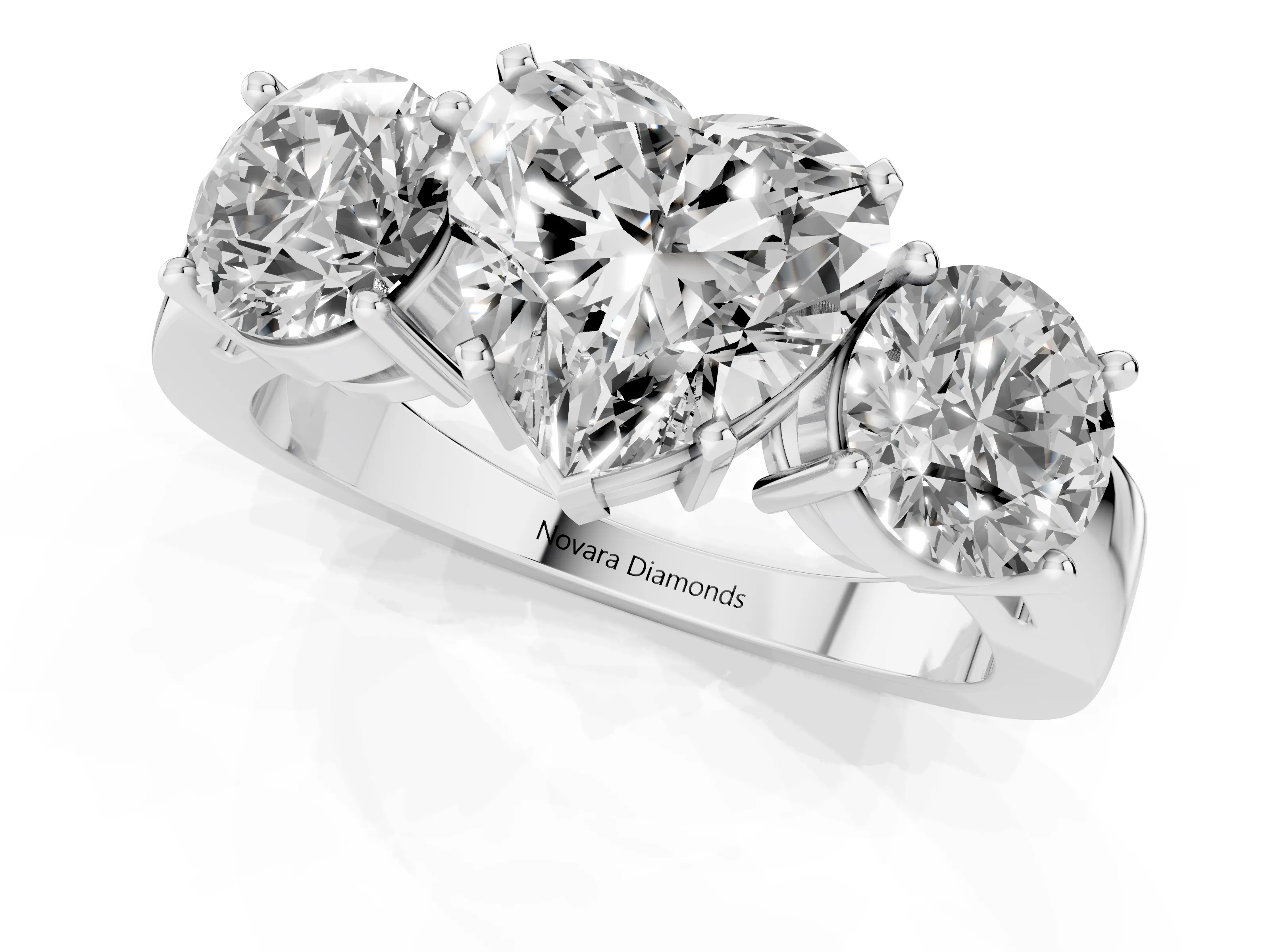 Heart Cut Diamond Three-Stone Ring Set in Platinum with Round Side Stones and Classic Band