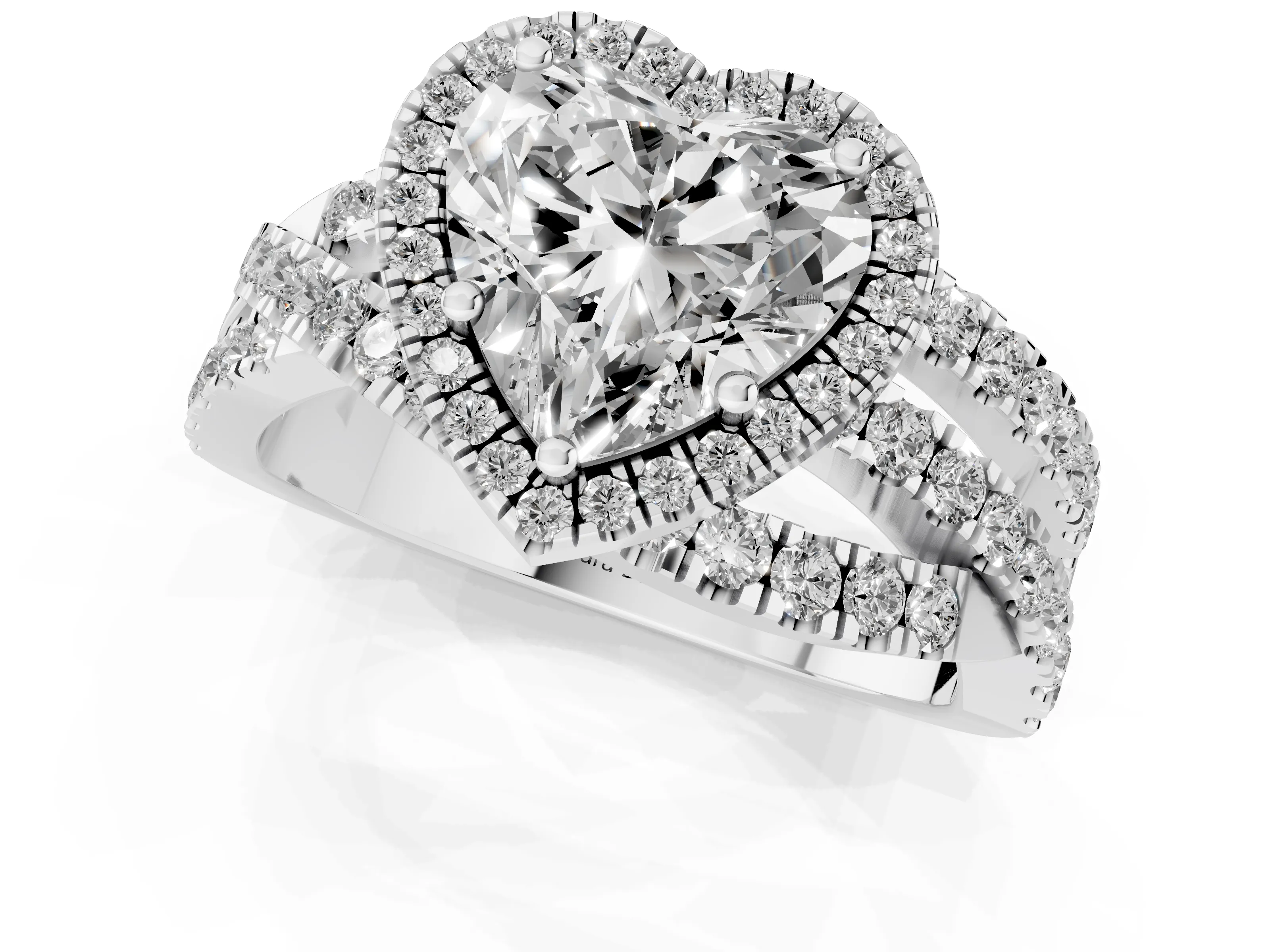 Heart Cut Diamond Halo Ring Set in Platinum with Round Crossover Split Shank and Prong Setting