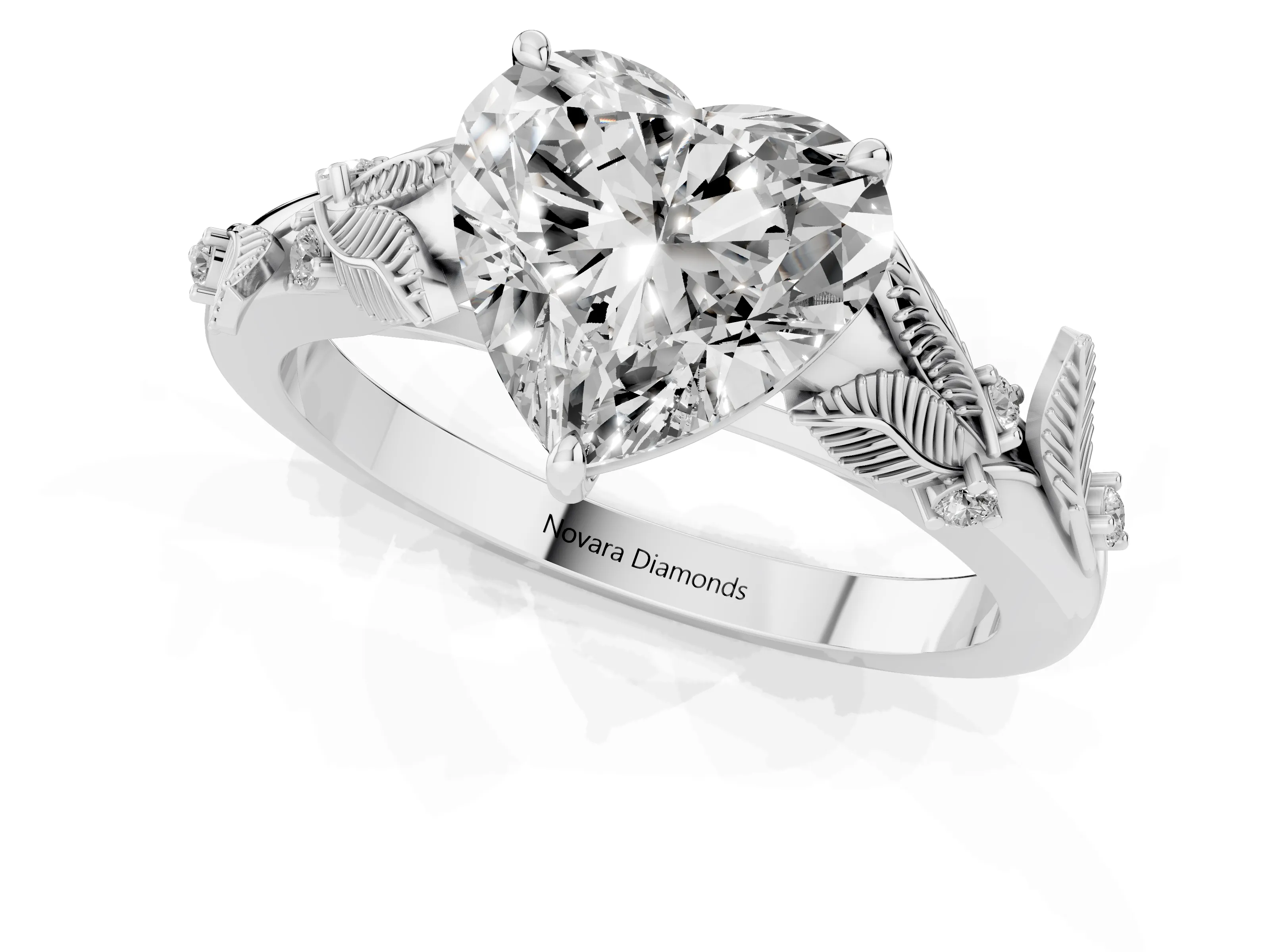 Heart Cut Diamond Solitaire Ring Set in Silver with Leaf Motif Band