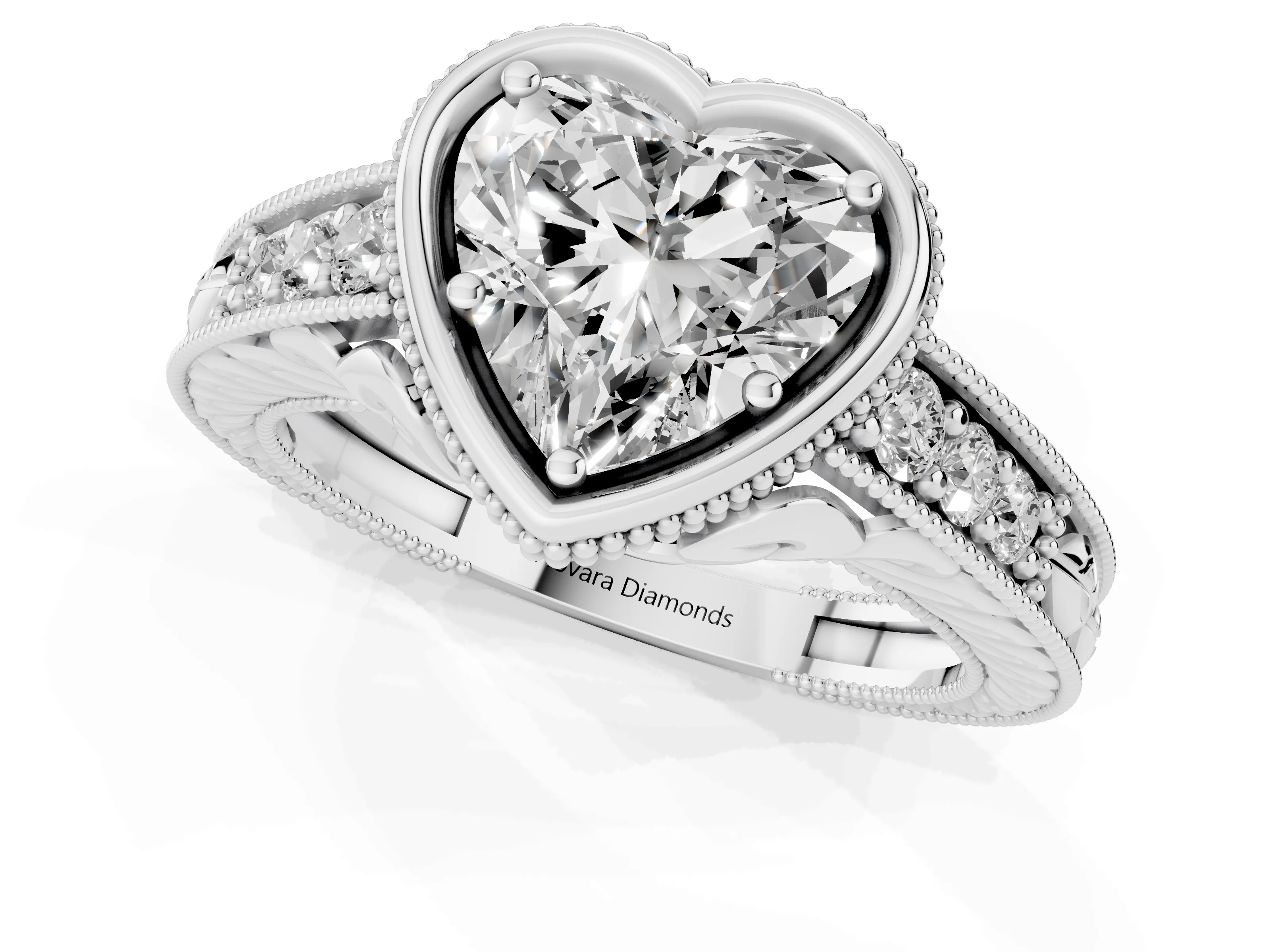 Bezel Set Heart Cut Diamond Milgrain Pavé Engagement Ring Set in Silver