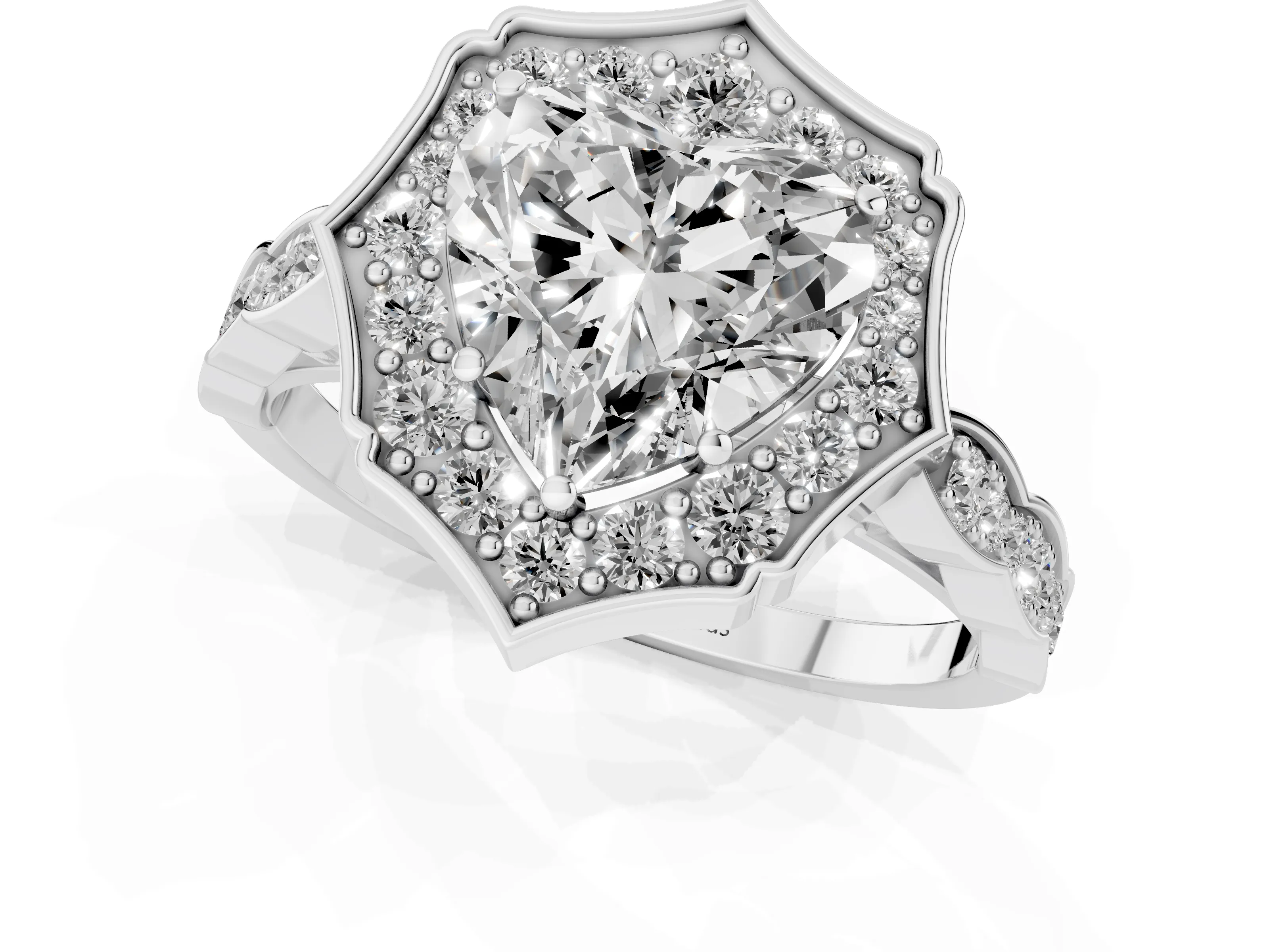 Heart Cut Diamond Halo Engagement Ring Set in White gold with Milgrain Band and Prong Setting