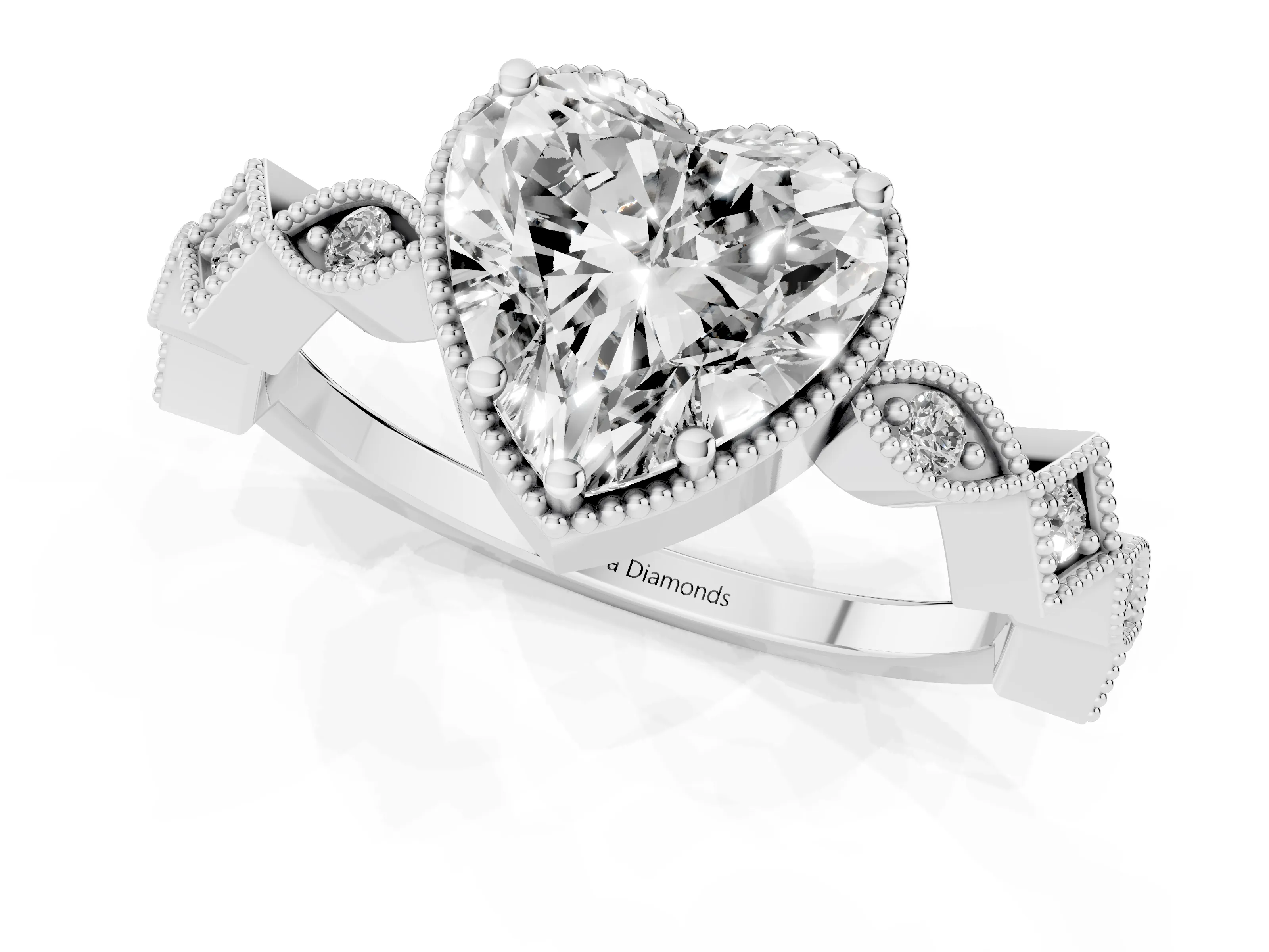 Heart Cut Diamond Milgrain Marquise Twist Band Ring Set in Silver with Prong Setting