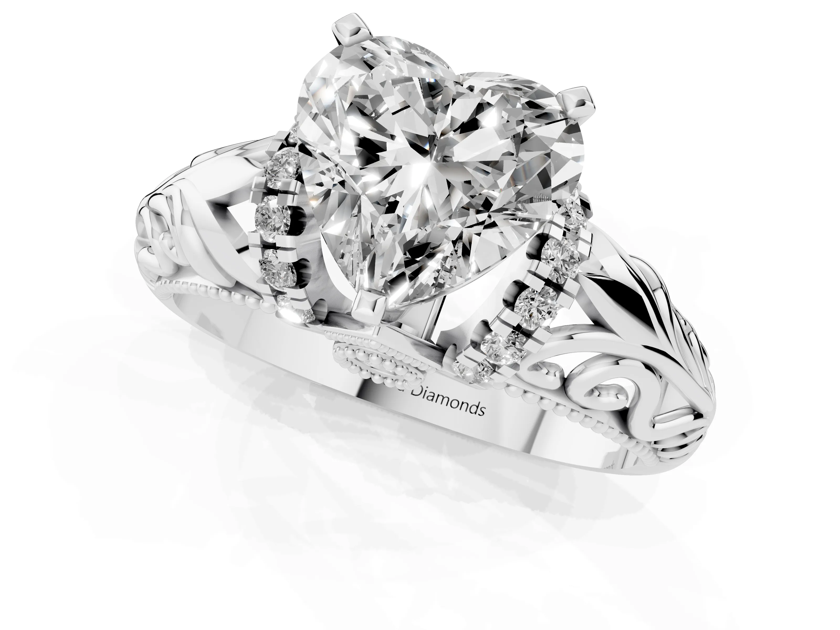 Heart Cut Diamond Filigree Halo Engagement Ring Set in White gold with Prong Setting