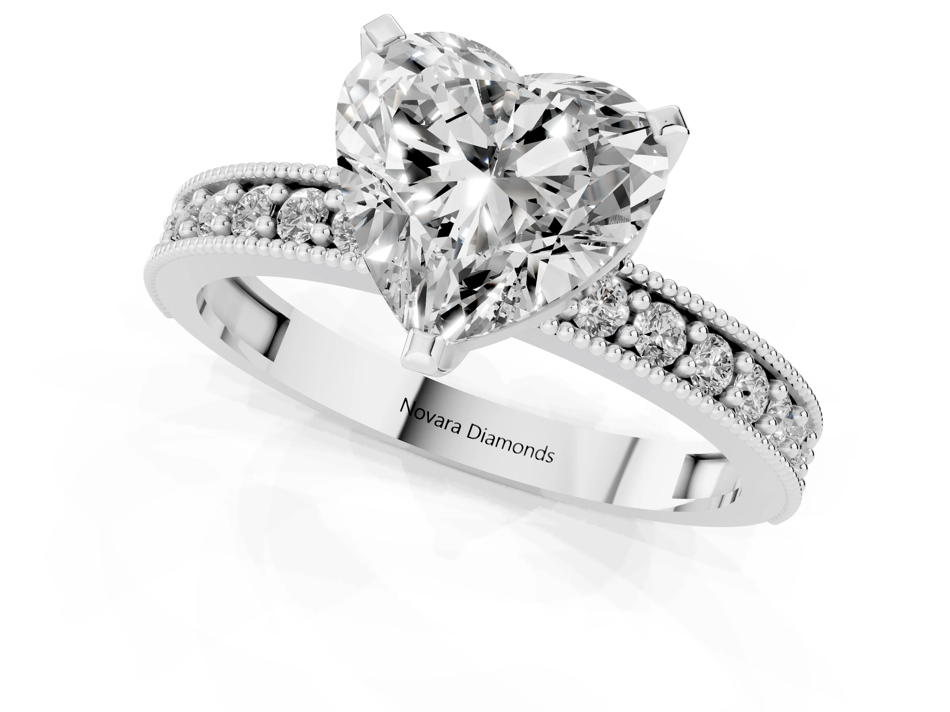 Heart Cut Diamond Milgrain Pavé Engagement Ring Set in Silver with Prong Setting