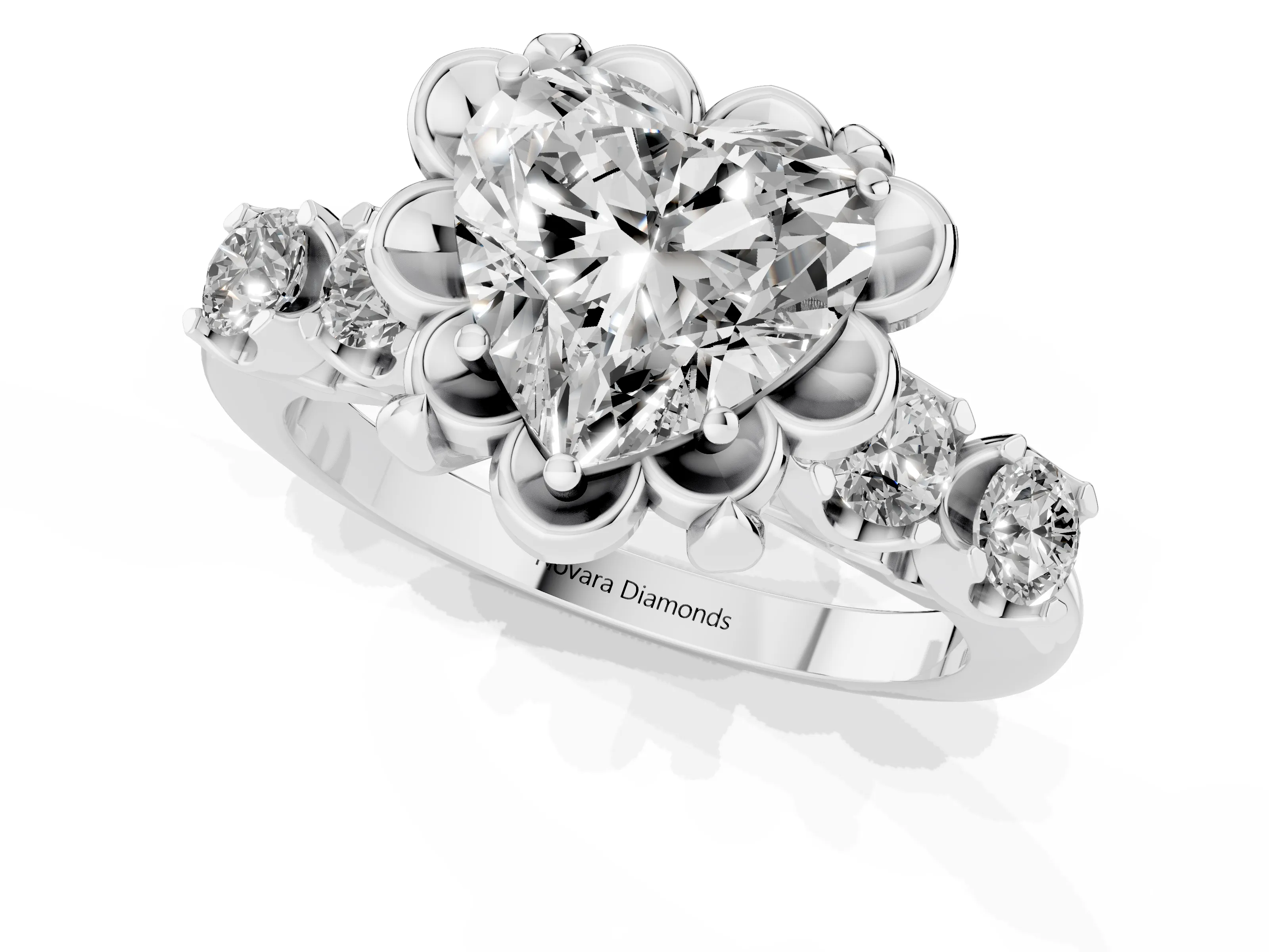 Heart Cut Diamond Floral Halo Ring Set in Platinum with Shared Prong Band