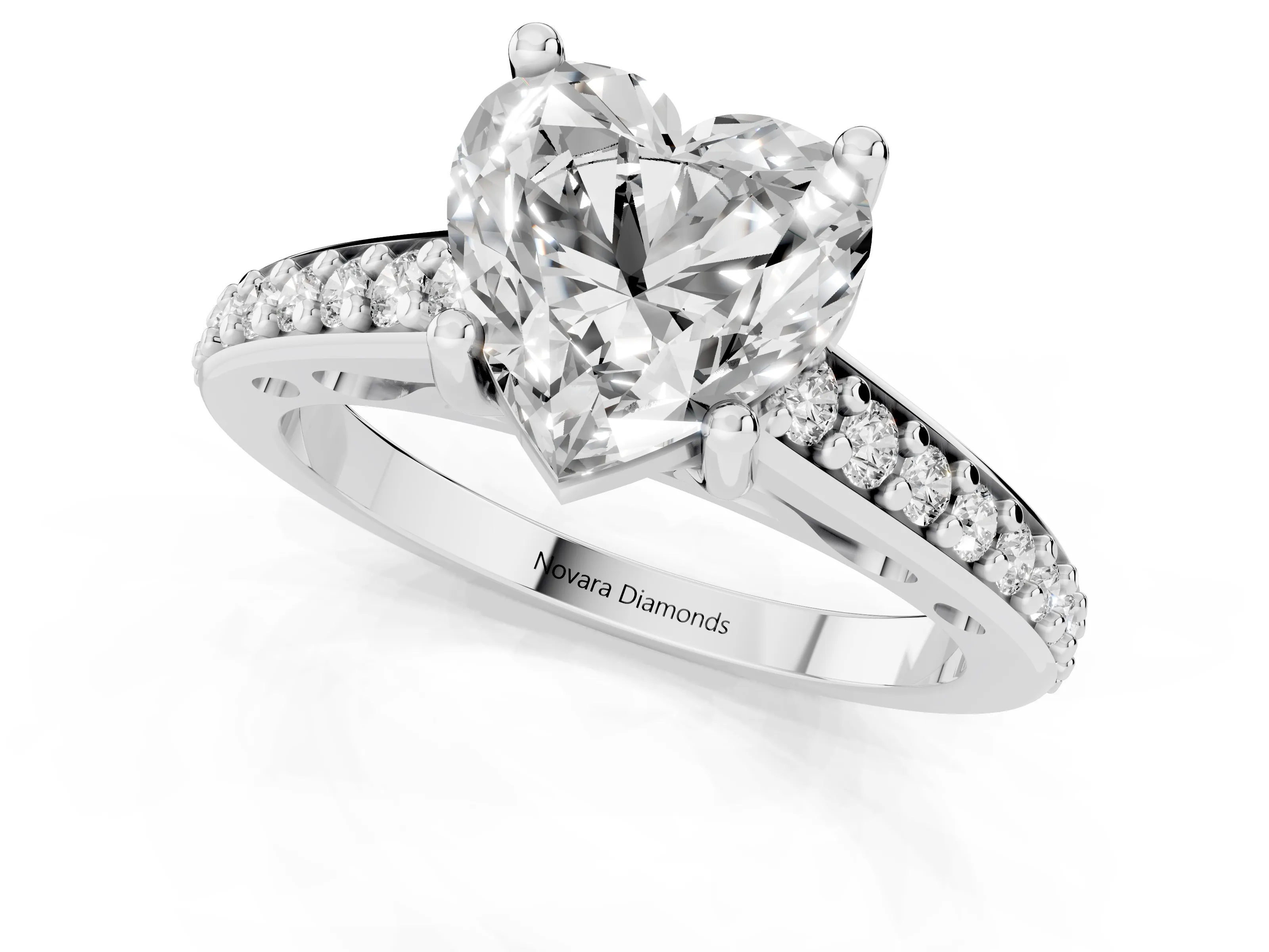 Heart Cut Diamond Prong Set Solitaire Engagement Ring Set in White gold with Pavé Band