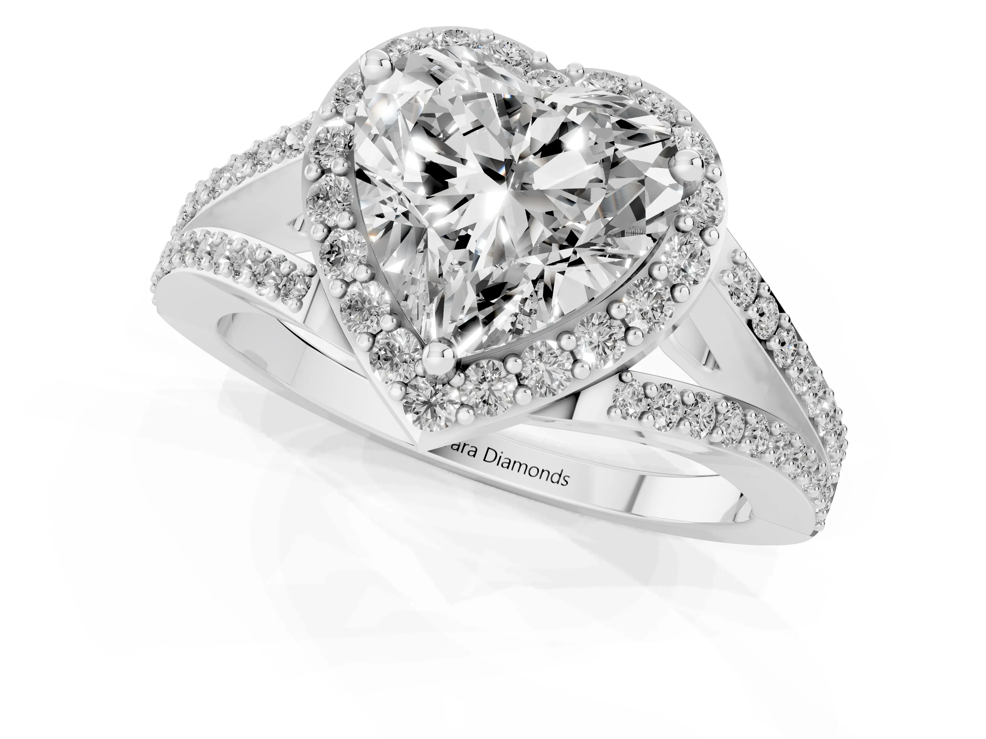 Heart Cut Diamond Halo Split Shank Pavé Ring Set in Silver with Prong Setting