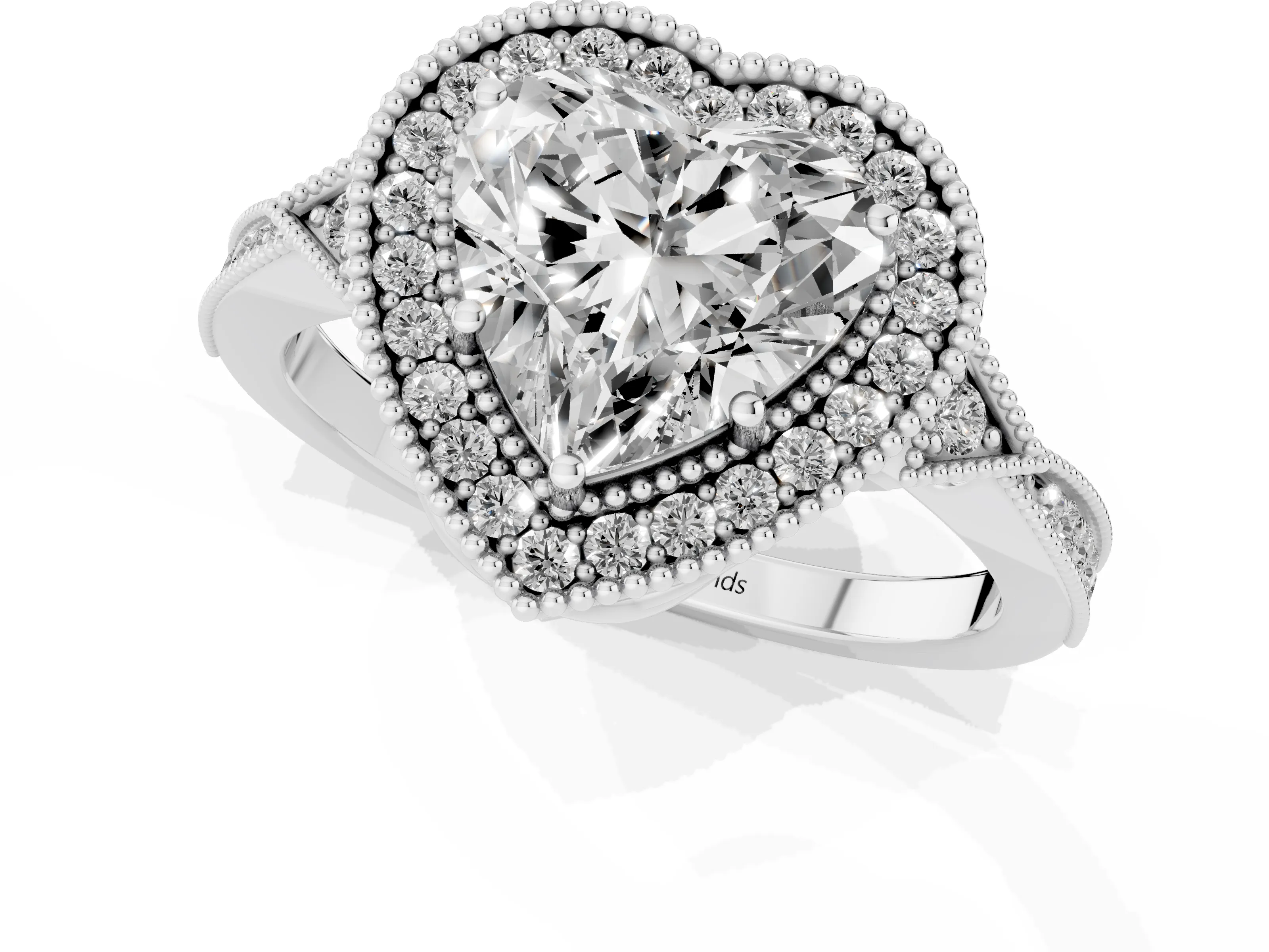 Heart Cut Diamond Halo Engagement Ring Set in White gold with Milgrain Pavé Band