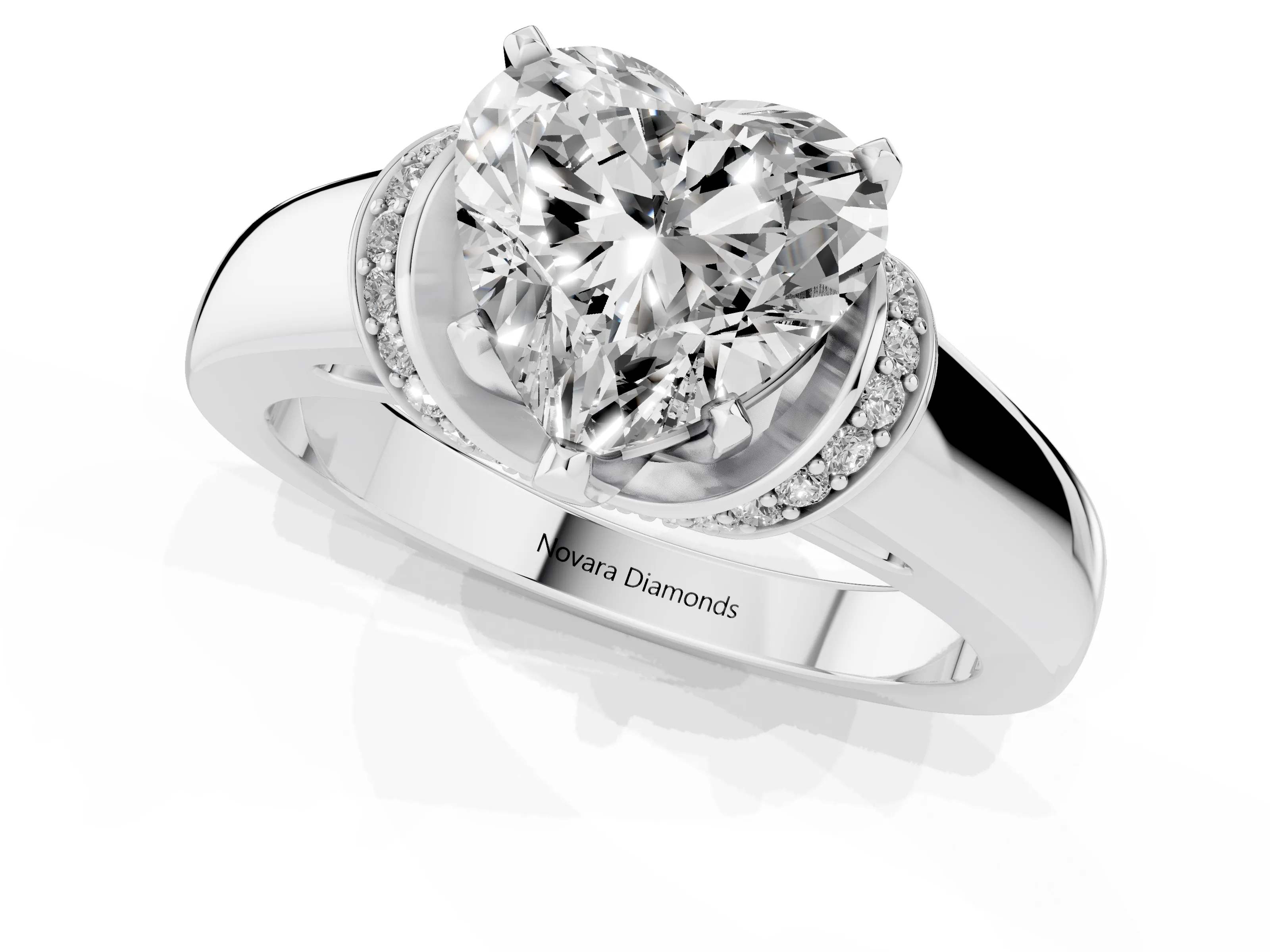 Heart Cut Diamond Pavé Band Solitaire Ring Set in Platinum with Prong Setting