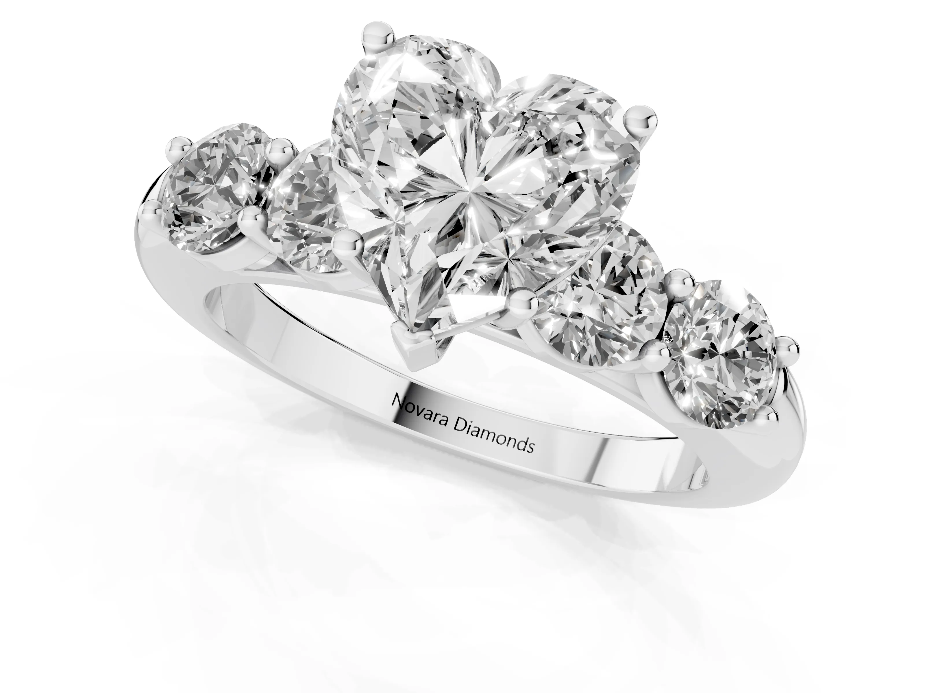 Heart Cut Diamond Five-Stone Prong Set Ring Set in White gold with Classic Band