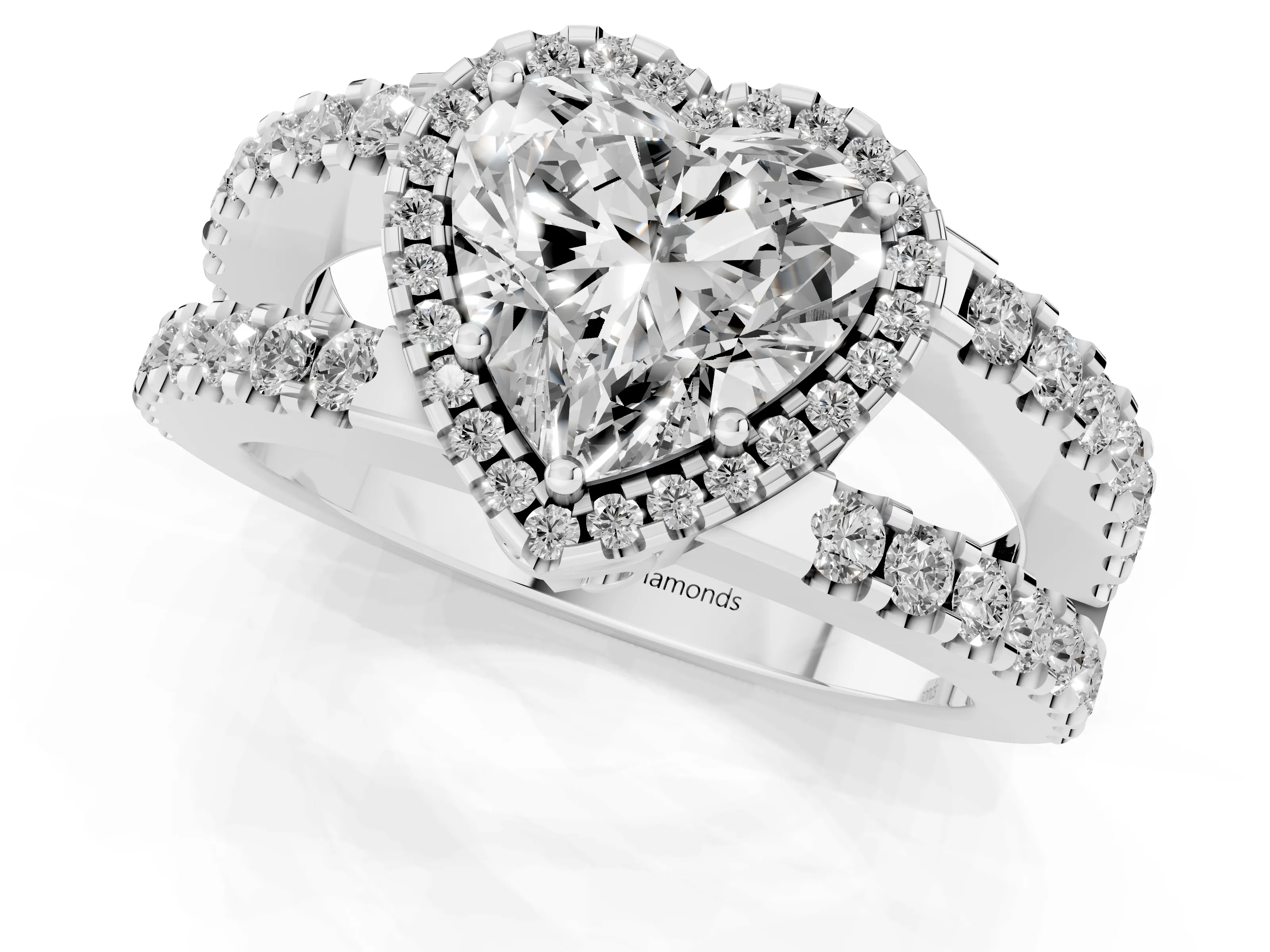 Heart Cut Diamond Halo Ring Set in Platinum with Pavé Split Shank and Prong Setting – second view