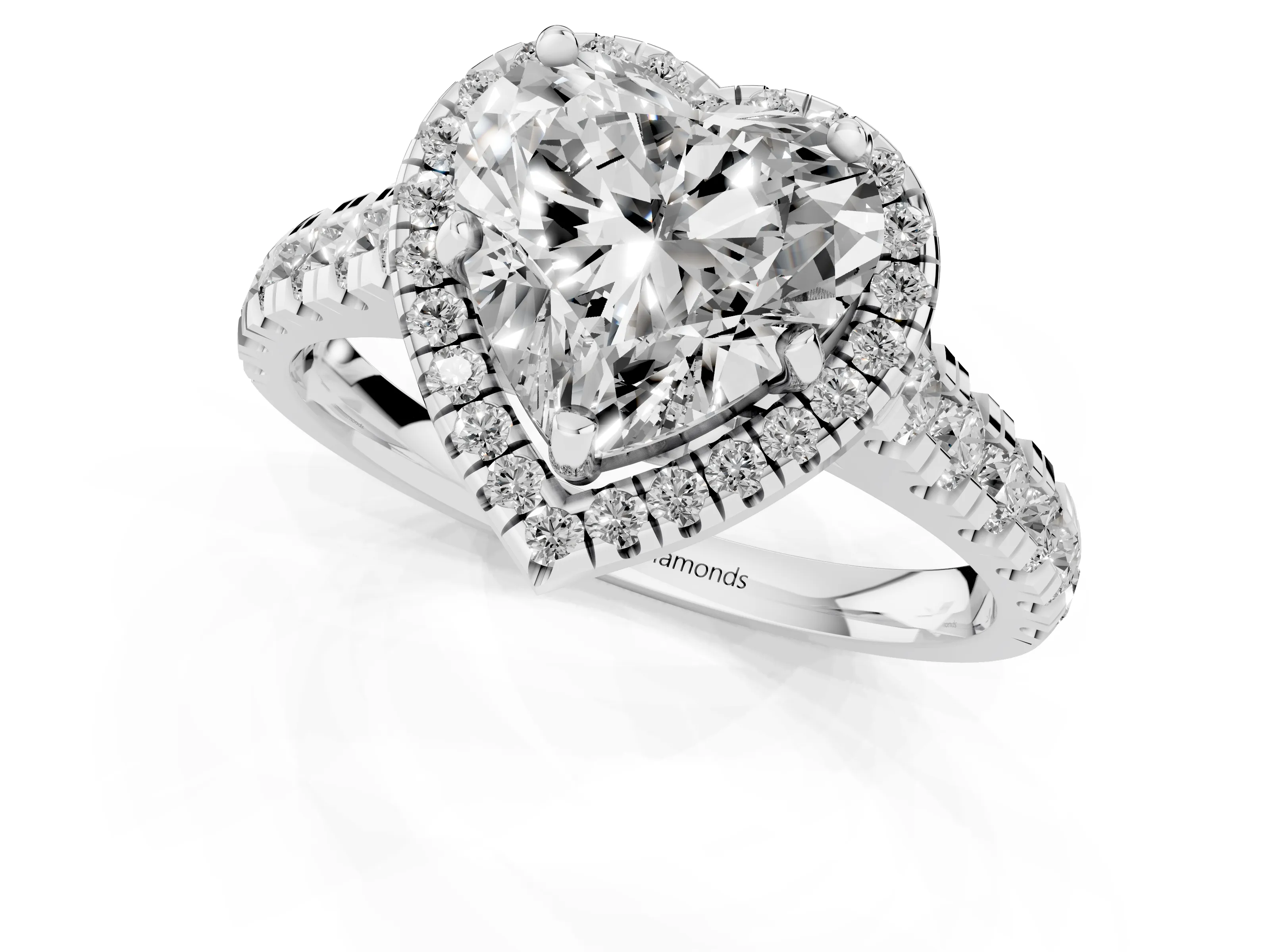 Heart Cut Diamond Halo Engagement Ring Set in Platinum with Pavé Band and Prong-Set Center