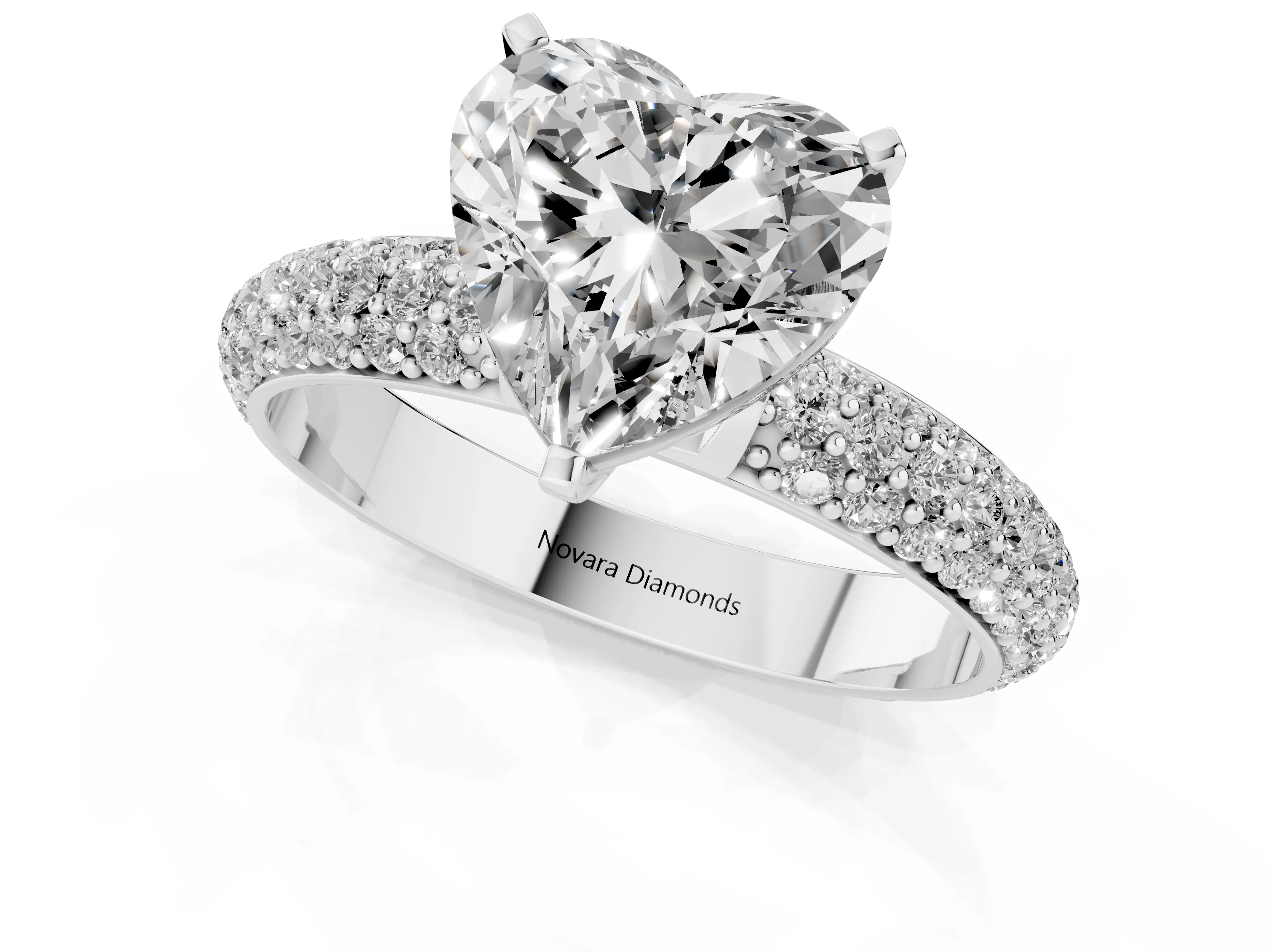 Heart Cut Diamond Solitaire Ring Set in White gold with Prong Setting and Pavé-Set Band