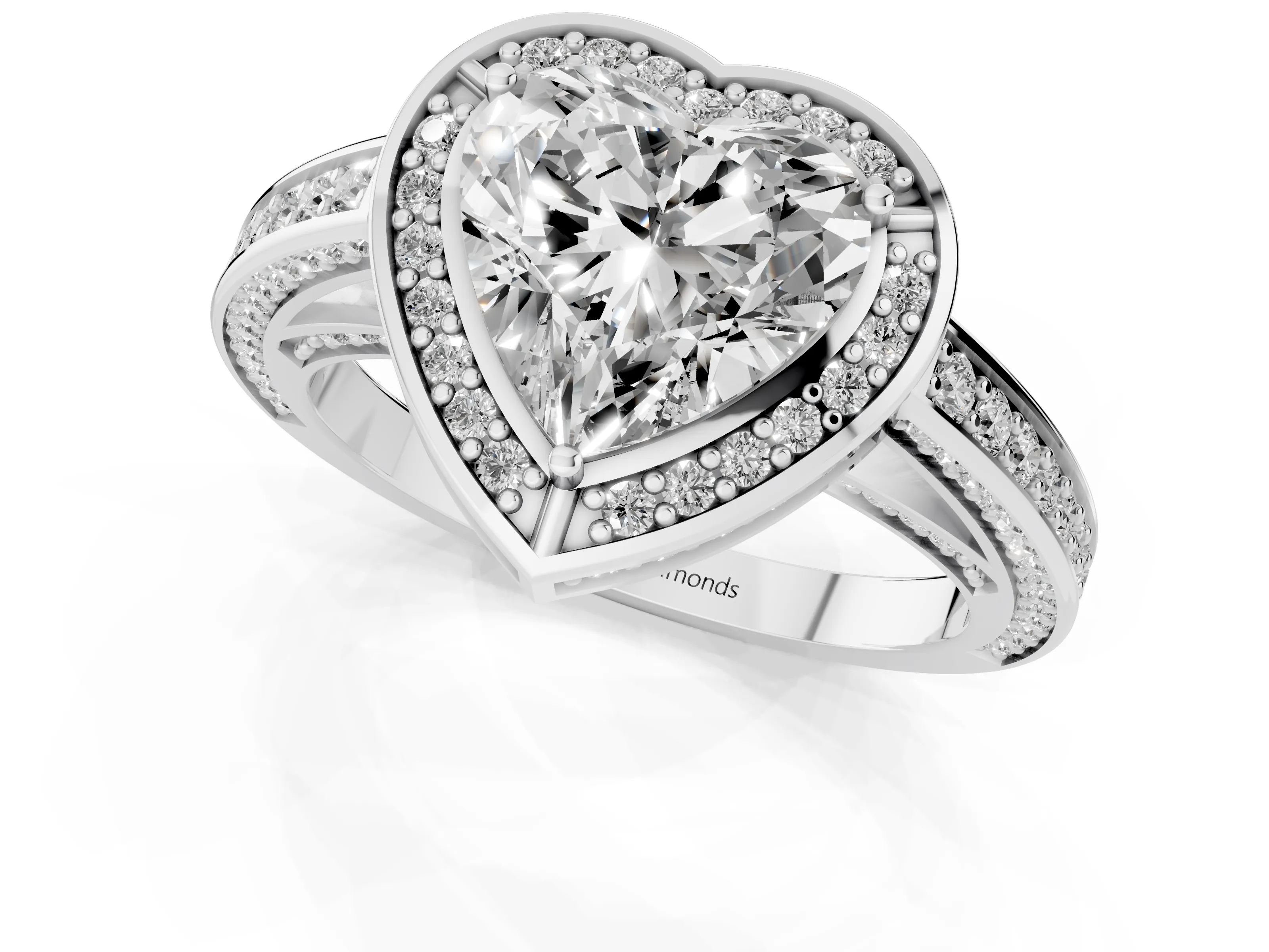 Heart Cut Diamond Halo Pavé Split Shank Ring Set in White gold with Prong Setting