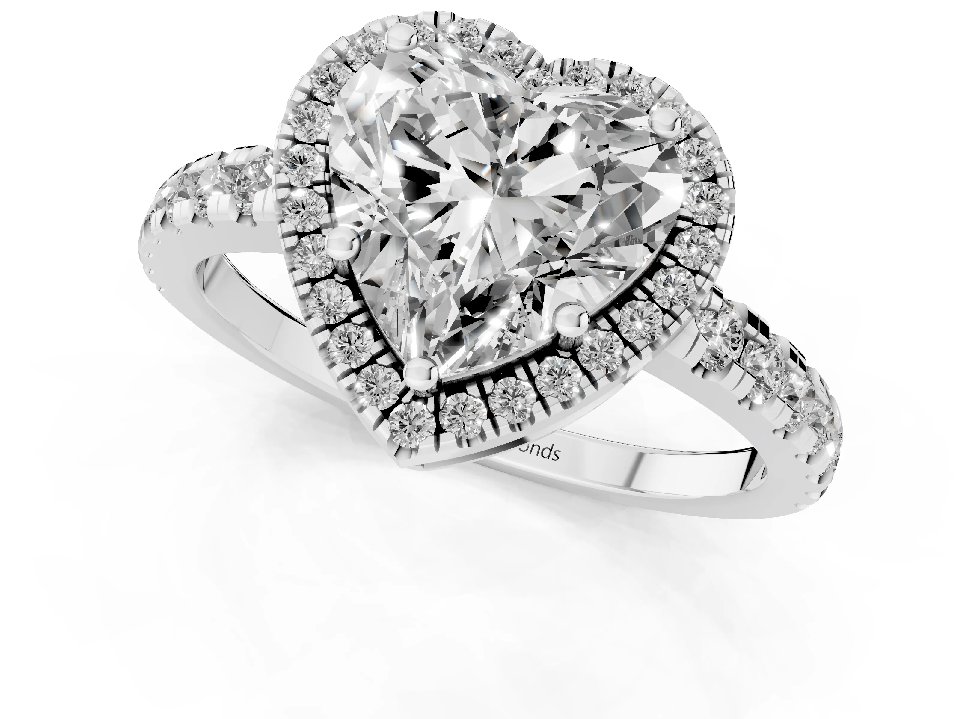 Heart Cut Diamond Halo Ring Set in White gold with Delicate Pavé Band and Prong Setting