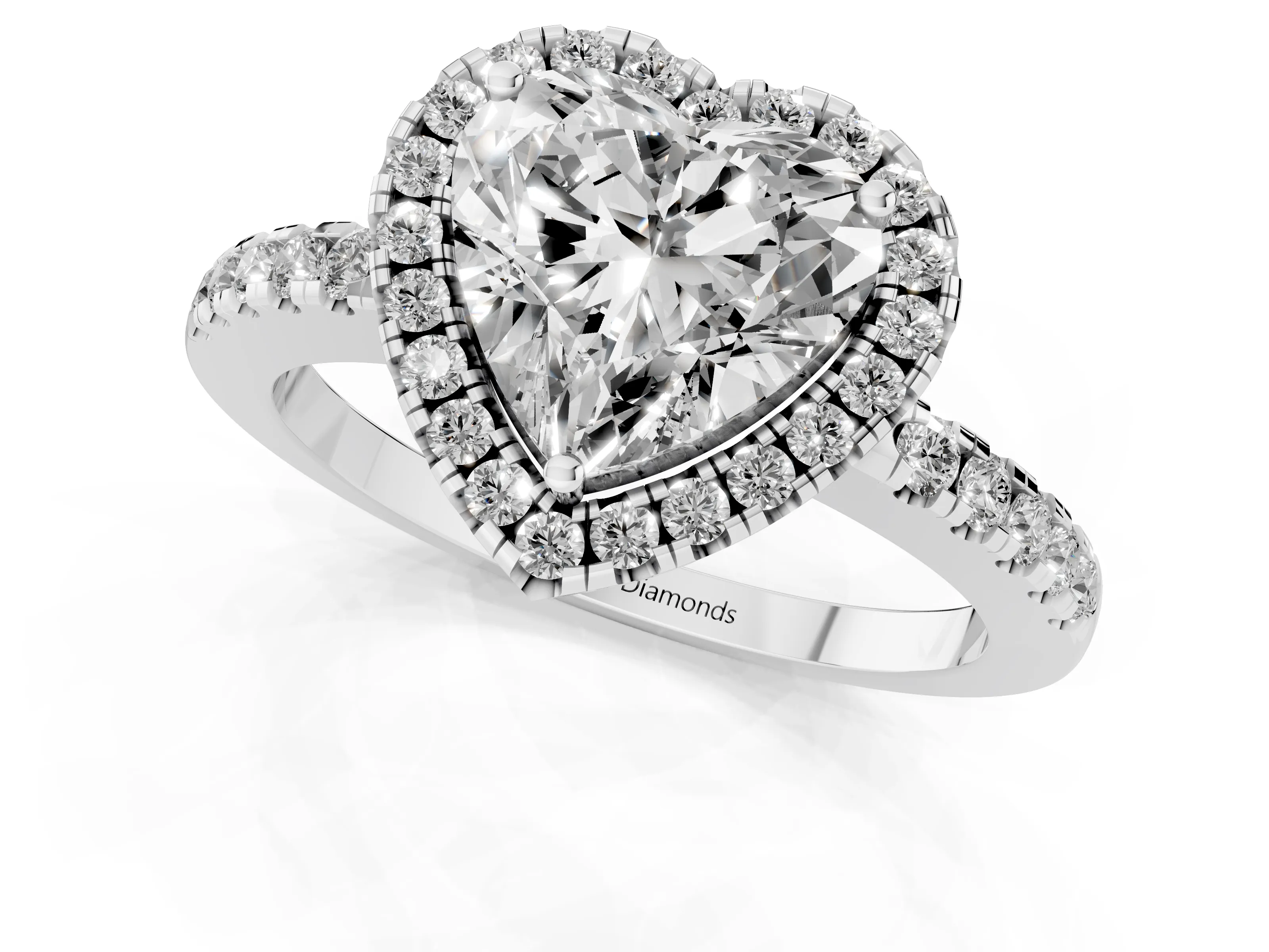 Heart Cut Diamond Pavé Band Halo Engagement Ring Set in Silver with Prong Setting