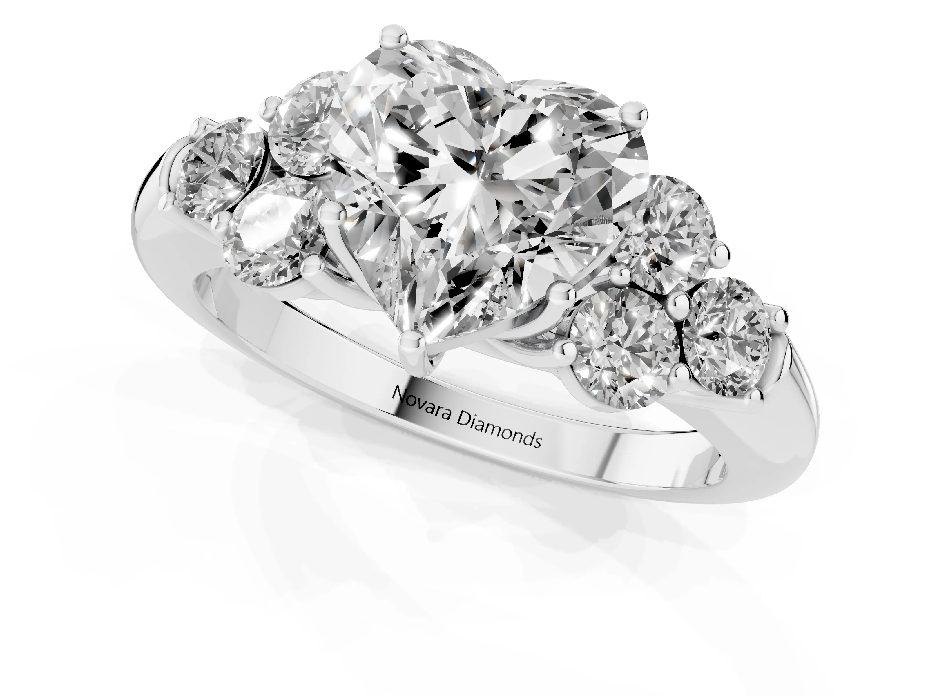 Heart Cut Diamond Cluster Ring Set in Platinum with Round Accent Stones and Prong Setting on a Plain Band – second view