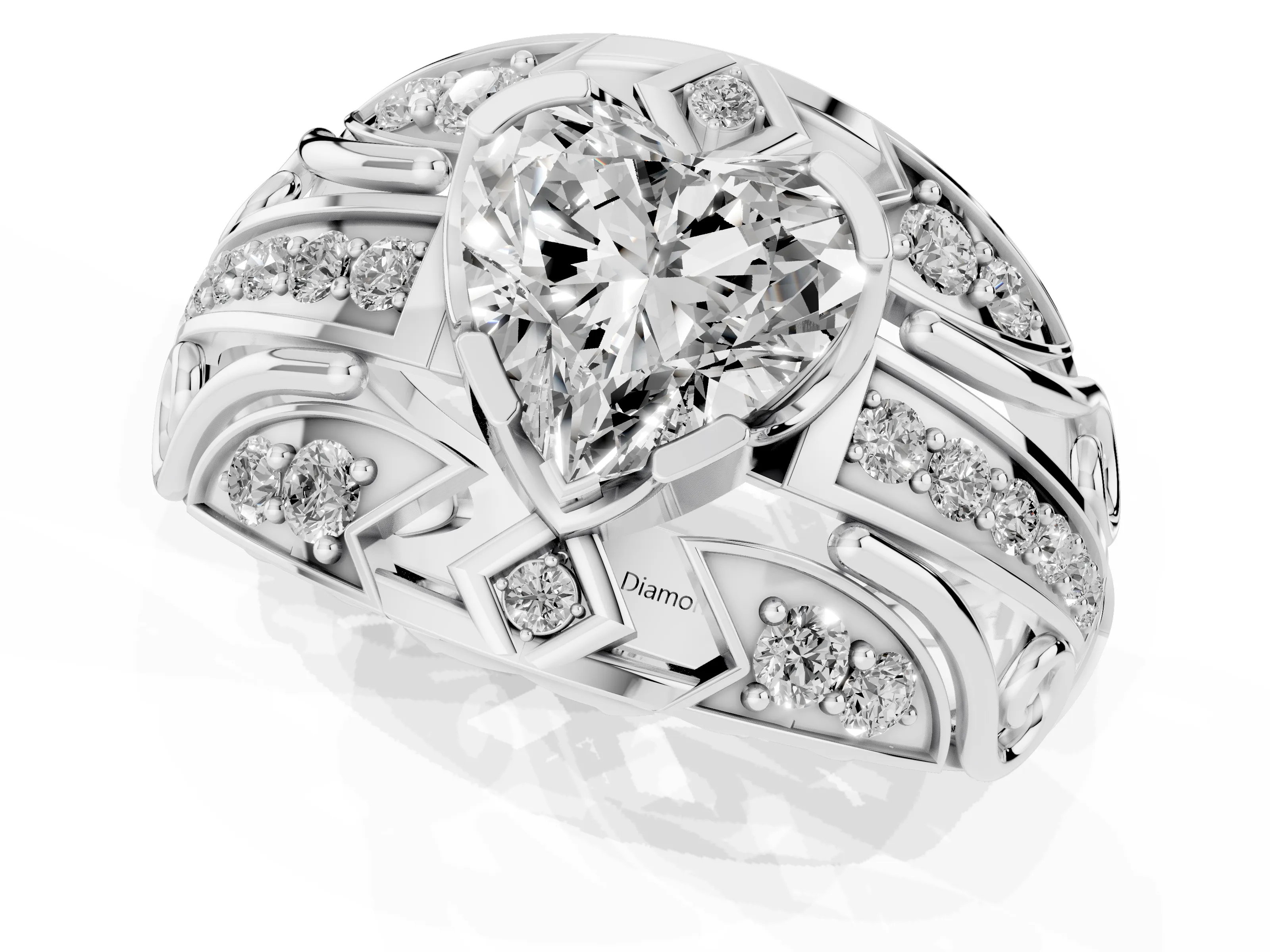Heart Cut Diamond Art Deco Ring Set in White gold with Pavé Split Shank