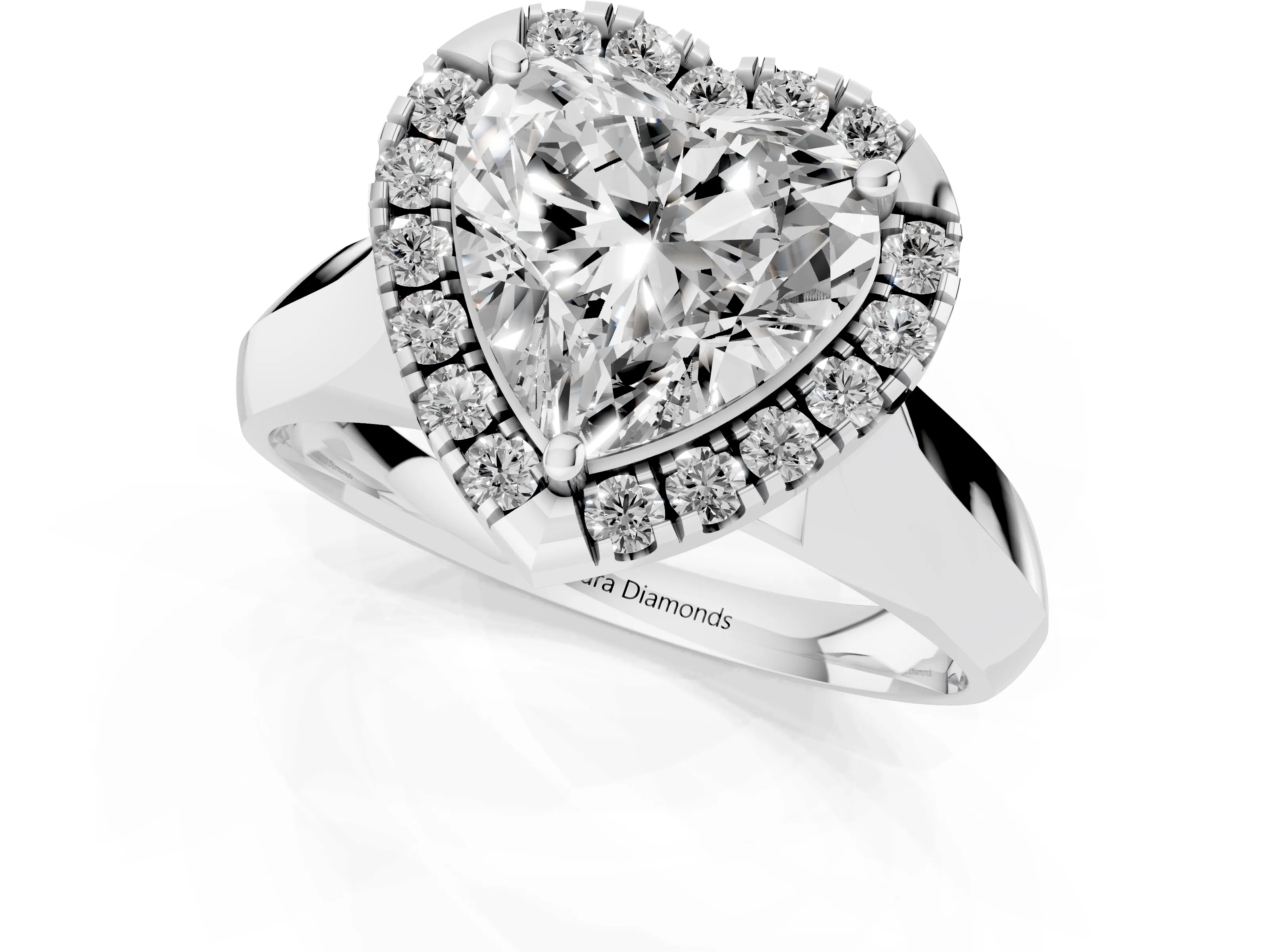 Heart Cut Diamond Halo Solitaire Engagement Ring Set in White gold with Square Band and Prong Setting