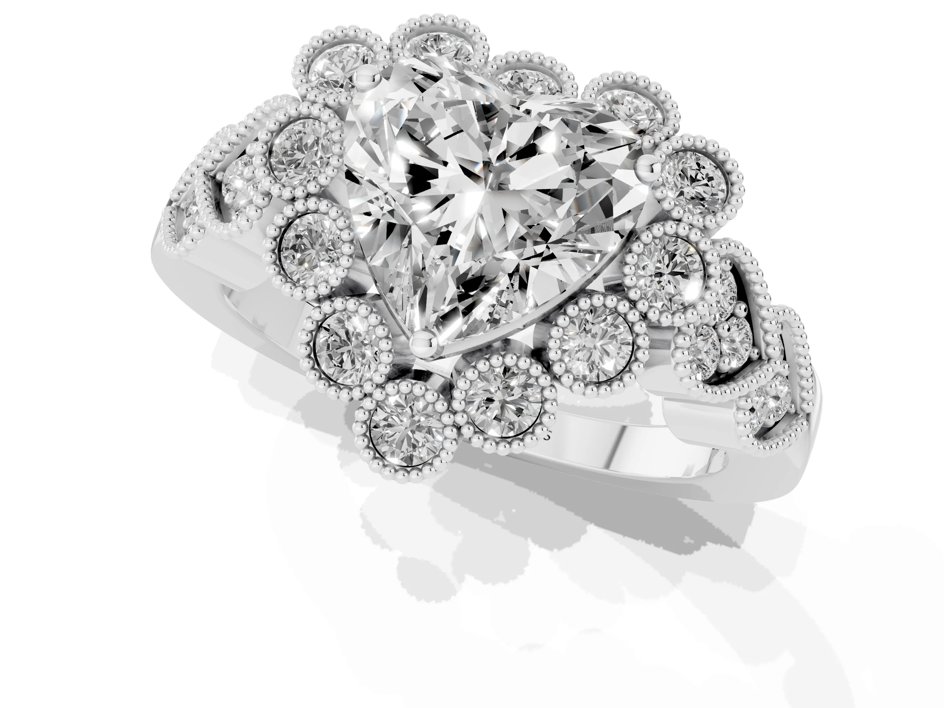 Heart Cut Diamond Solitaire Ring Set in White gold with Milgrain Pavé Heart Band