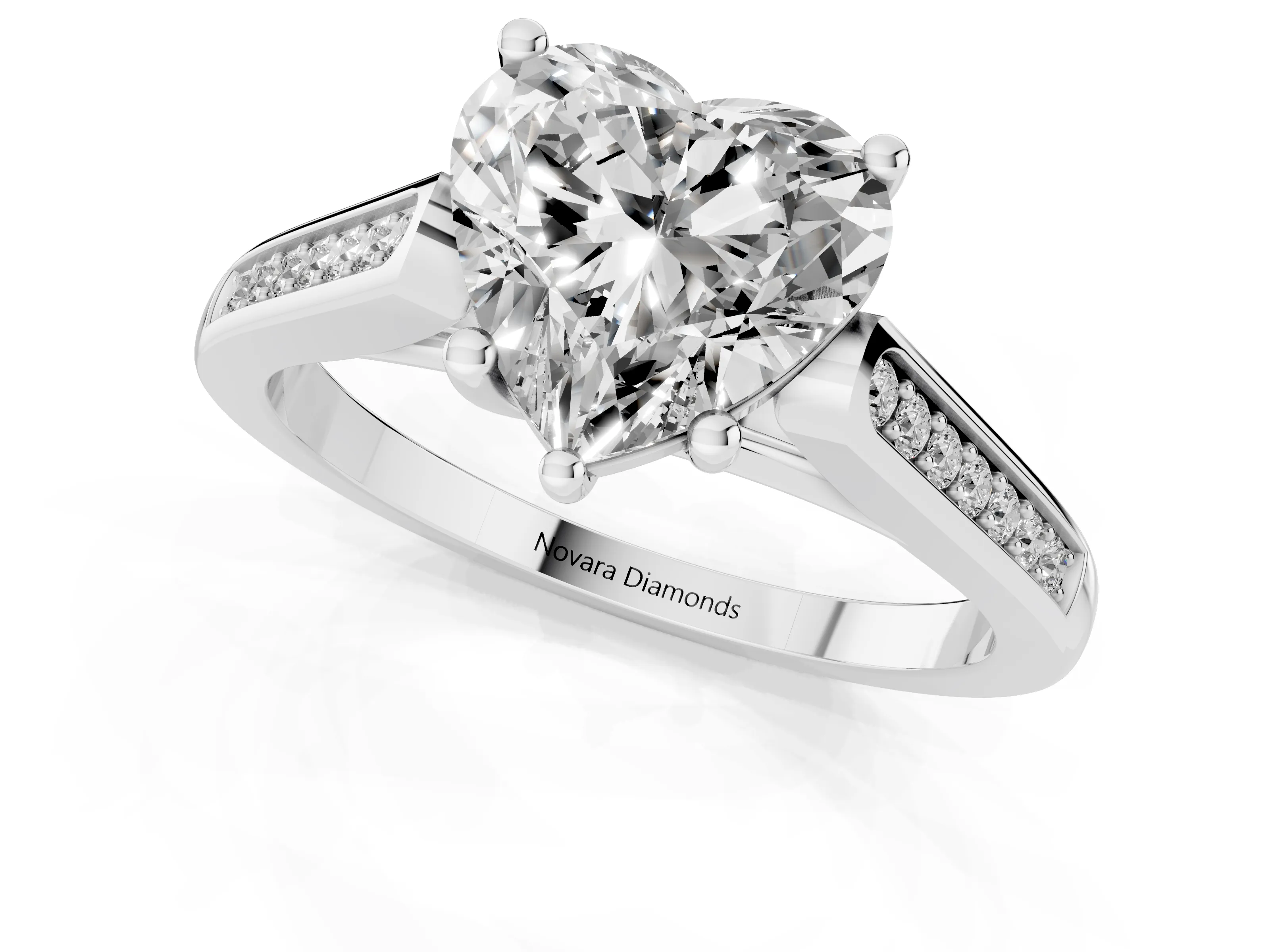 Heart Cut Diamond Solitaire Cathedral Engagement Ring Set in White gold with Channel-Set Band and Prong Setting