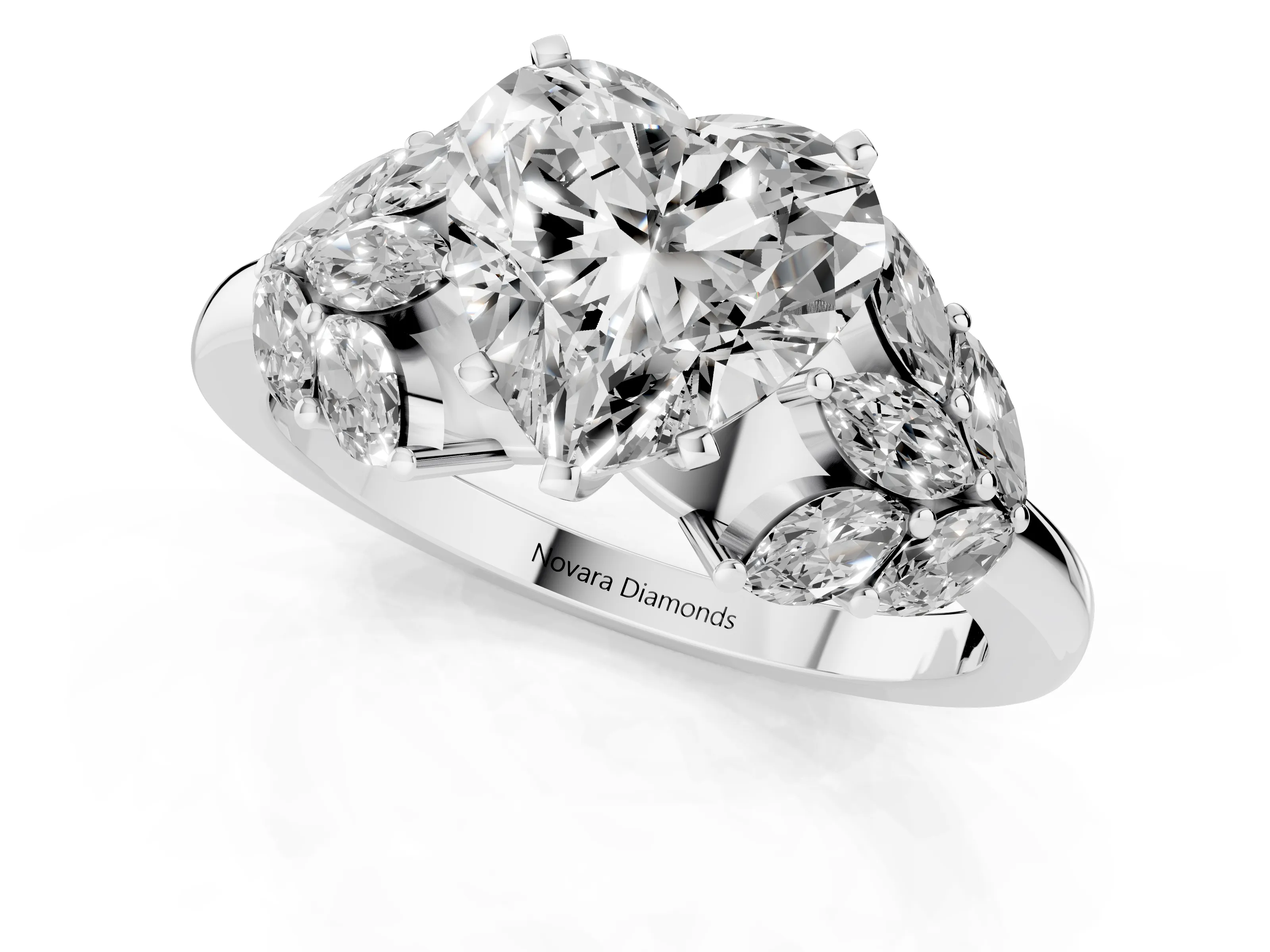 Heart Cut Diamond Cluster Leaf Design Ring Set in Platinum with Prong Setting