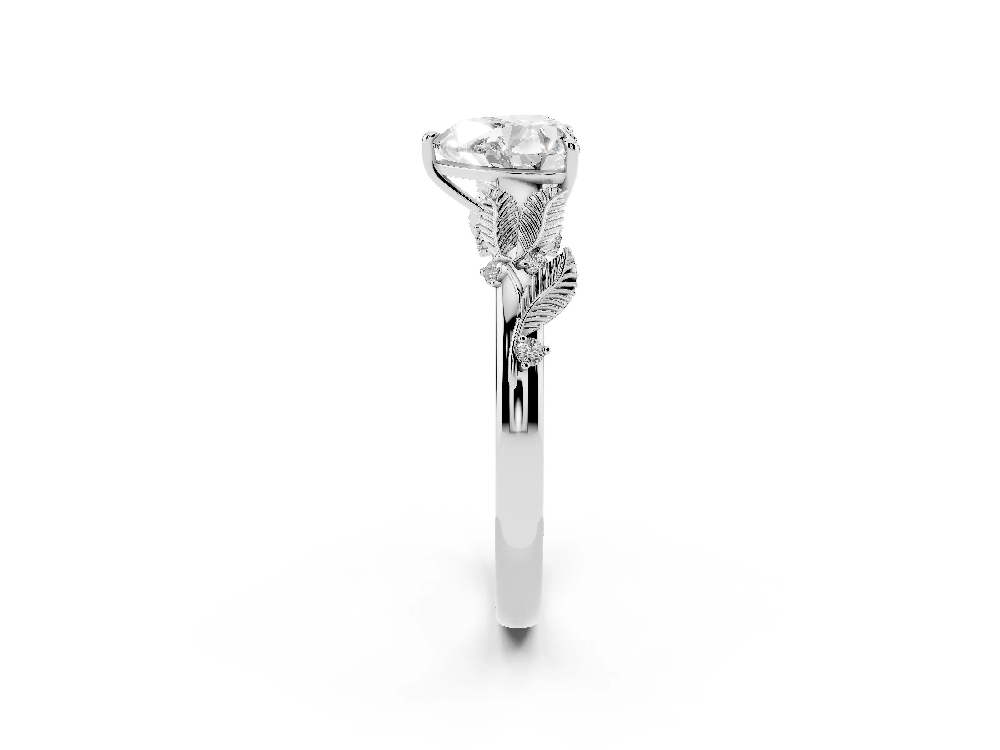 Heart Cut Diamond Solitaire Ring Set in Silver with Leaf Motif Band