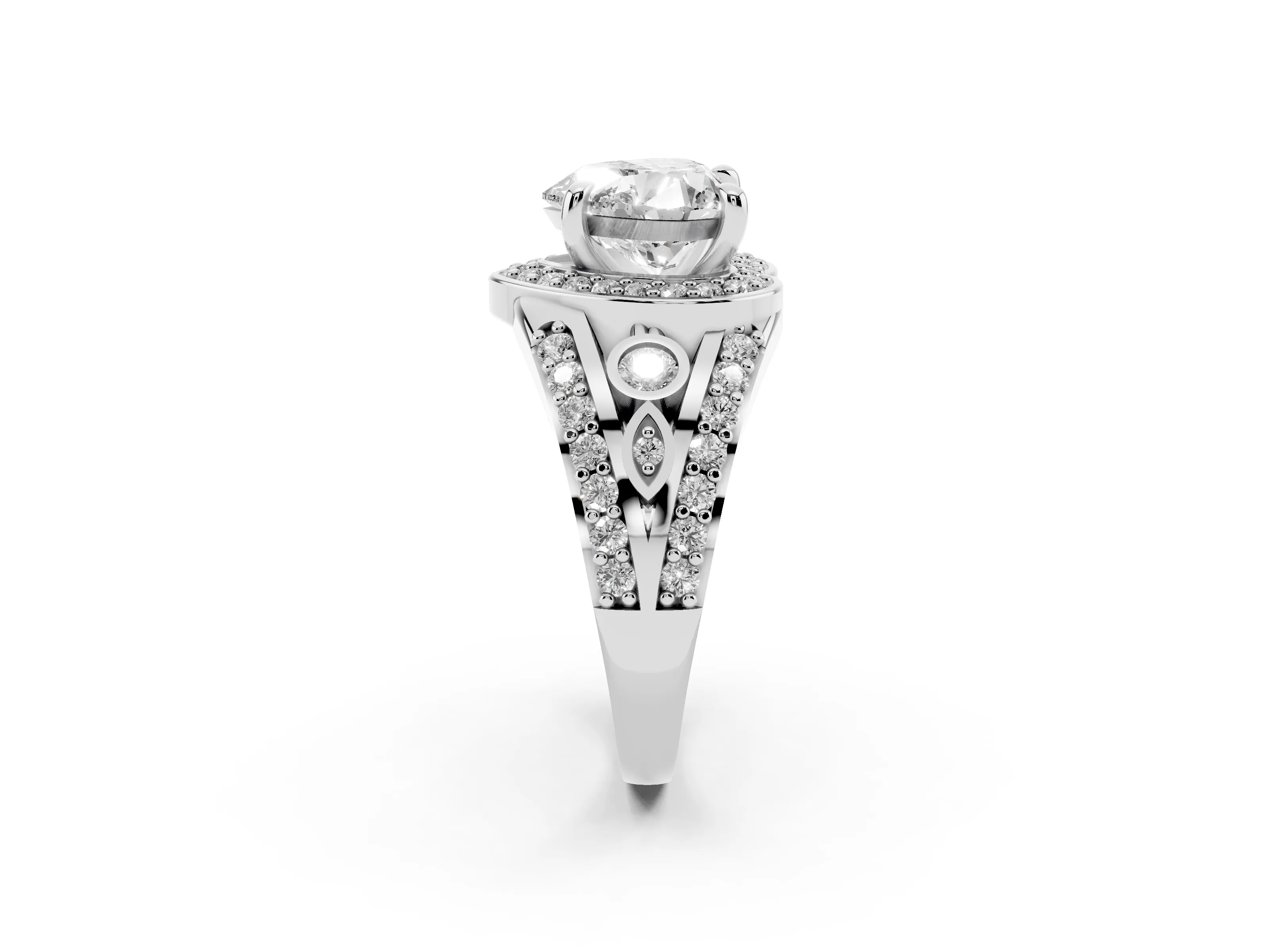 Heart Cut Diamond Halo Ring Set in Platinum with Pavé Split Shank and Bezel Accents
