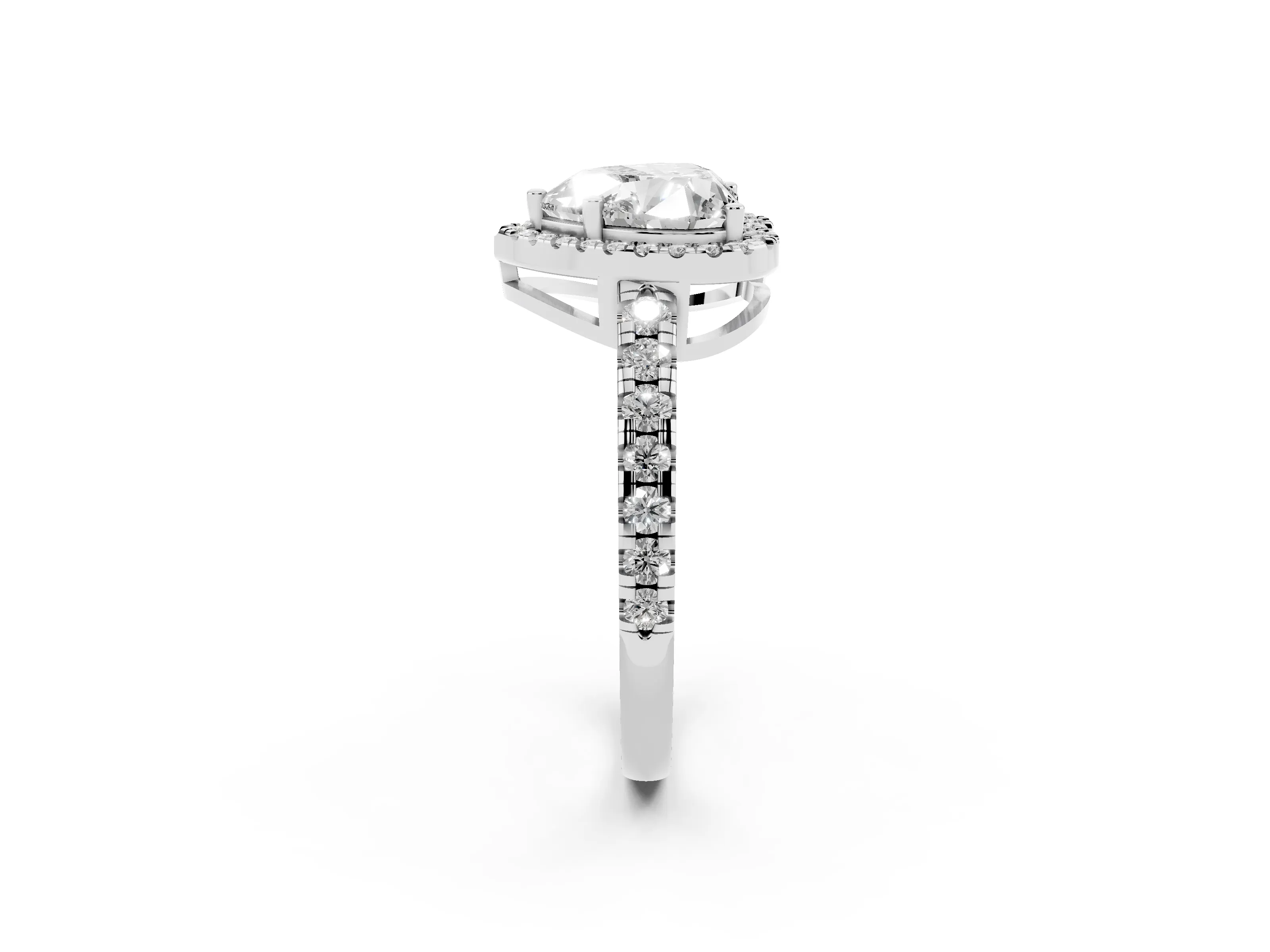 Heart Cut Diamond Halo Ring Set in White gold with Delicate Pavé Band and Prong Setting