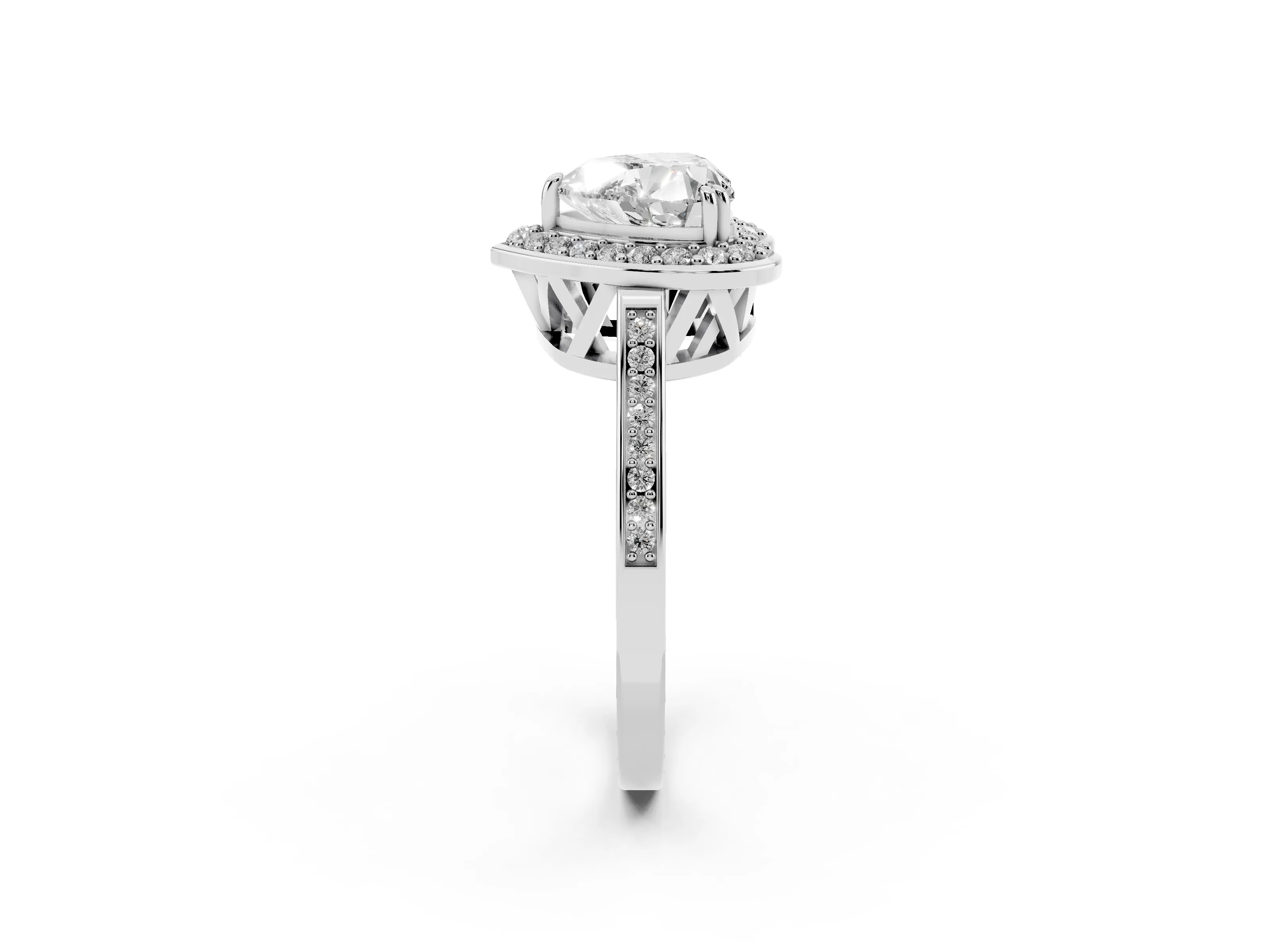 Heart Cut Diamond Halo Ring Set in White gold with Accent-Lined Split Shank and Prong Setting