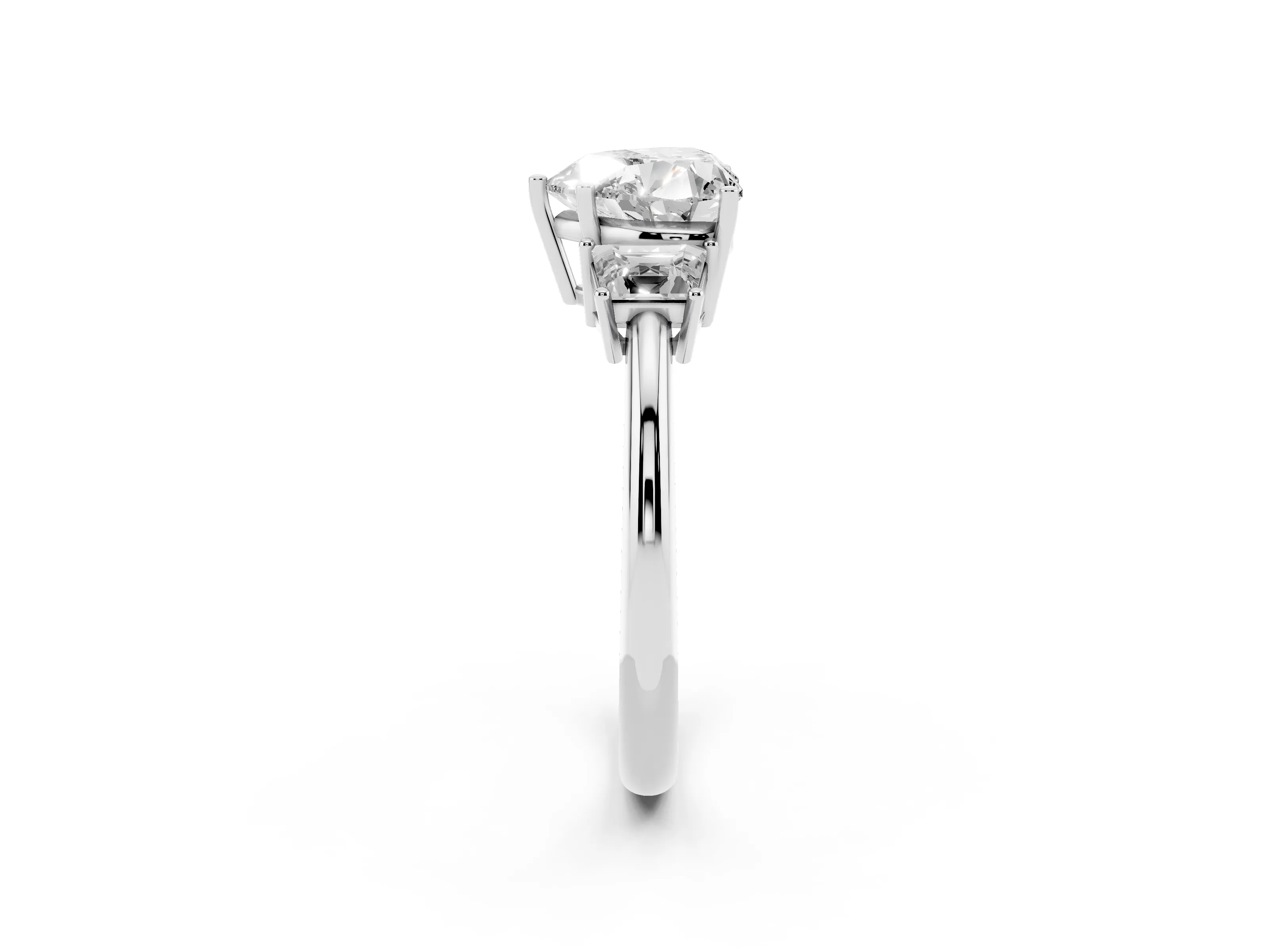 Heart Cut Diamond Three-Stone Ring Set in Platinum with Trapezoid Side Stones and Prong Setting