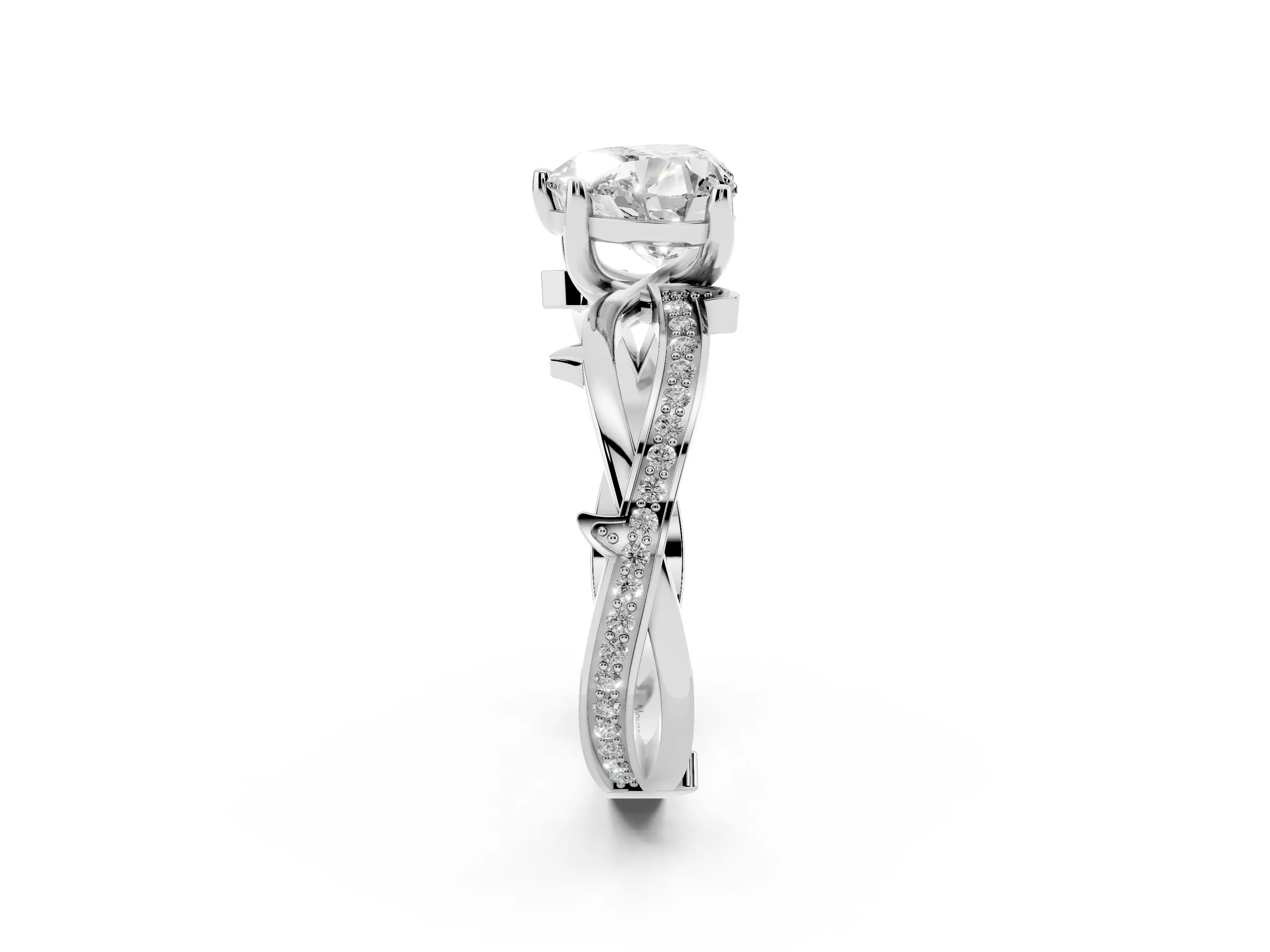 Heart Cut Diamond Pavé Twist Band Solitaire Ring Set in White gold with Prong Setting