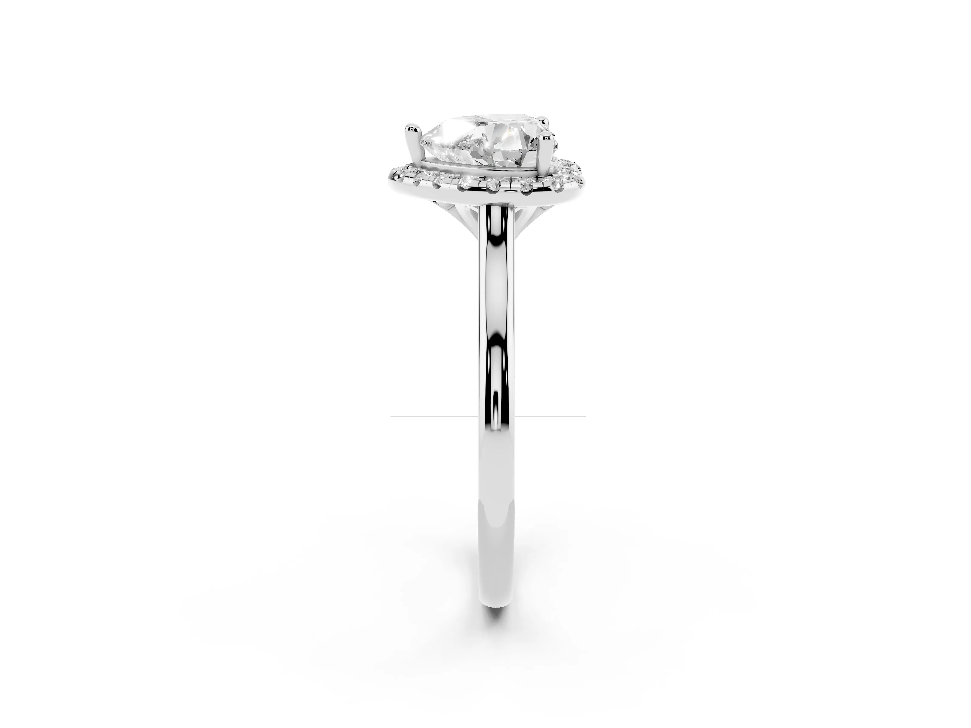 Heart Cut Diamond Halo Engagement Ring Set in Silver with Pavé Band and Rising Shoulders