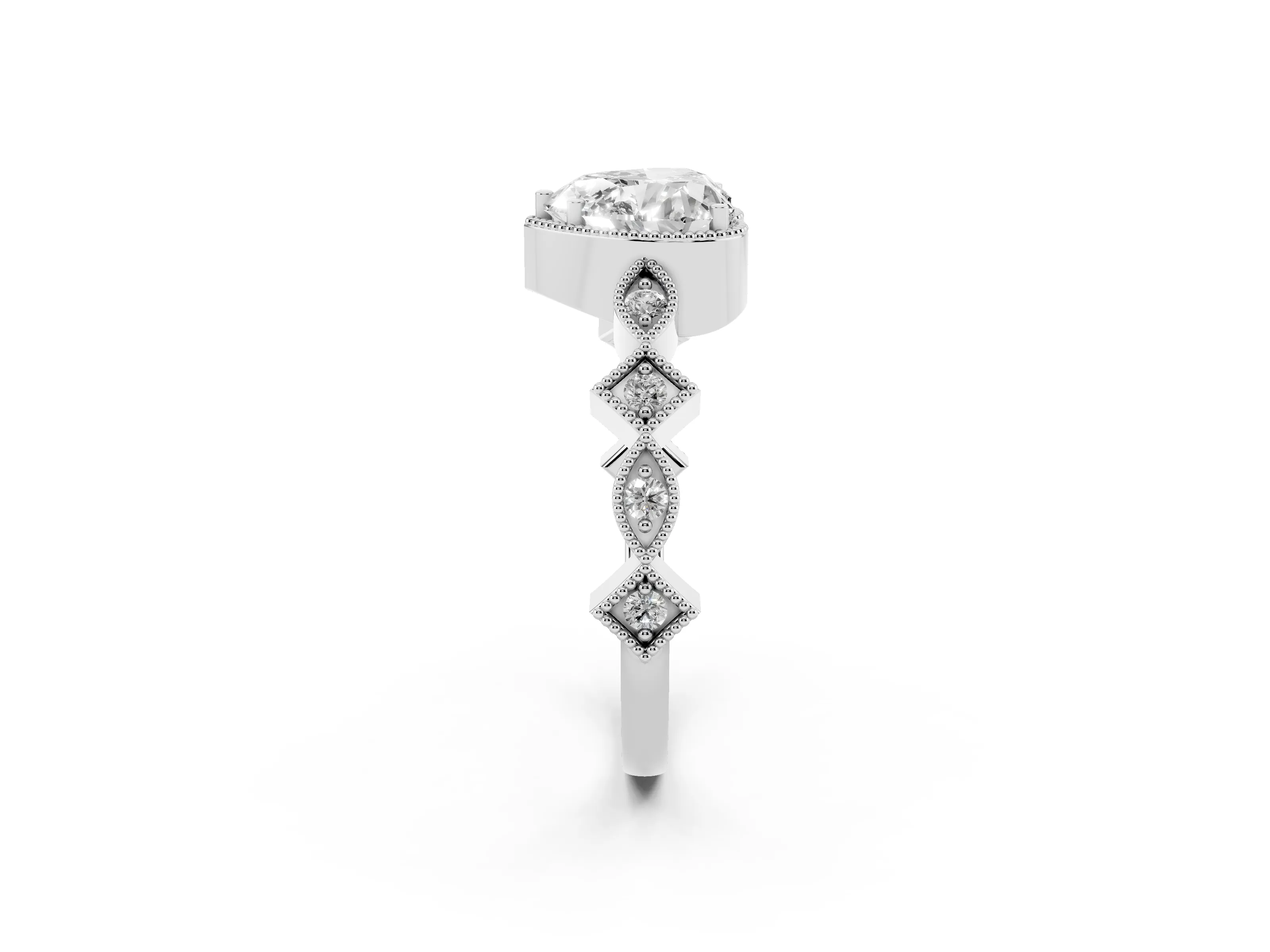 Heart Cut Diamond Milgrain Marquise Twist Band Ring Set in Silver with Prong Setting